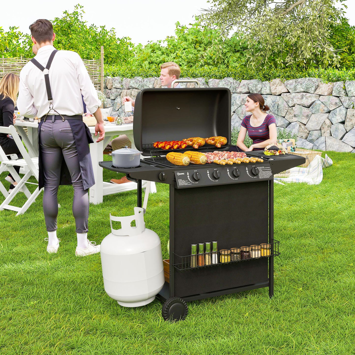 4+1 Burner Propane Gas BBQ Grill, Portable Gas Barbecue Grill with Side Burner, Thermometer, Lid, Side Table, Shelf, Spi
