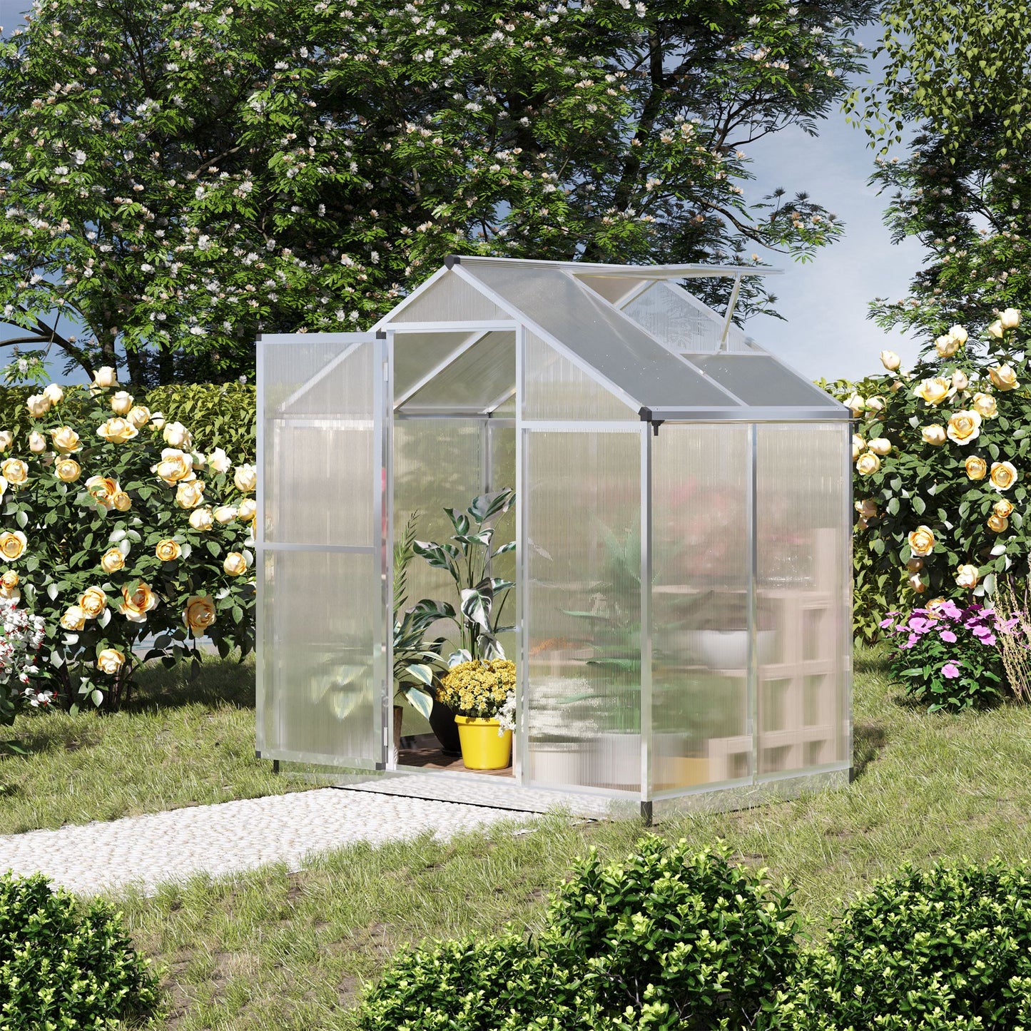 4' x 6.2' x 6.4' Walk-in Garden Greenhouse, Polycarbonate Panels Plants Flower Growth Shed, Cold Aluminum Frame Outdoor