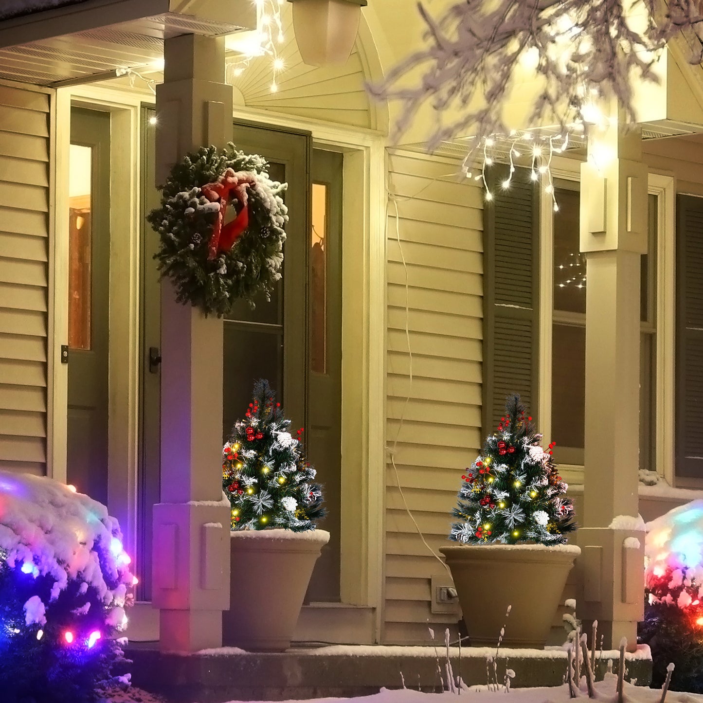 2 Foot/23 inch 2 Pack Prelit Artificial Christmas Tree Cordless with 70 Branches, Warm White LED lights, Red Berries, Pi