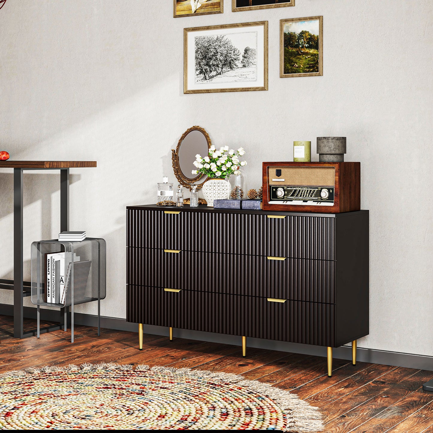 Modern Chest of Drawers 6 Drawer Dresser for Bedroom with Gold Legs and Handles, Black