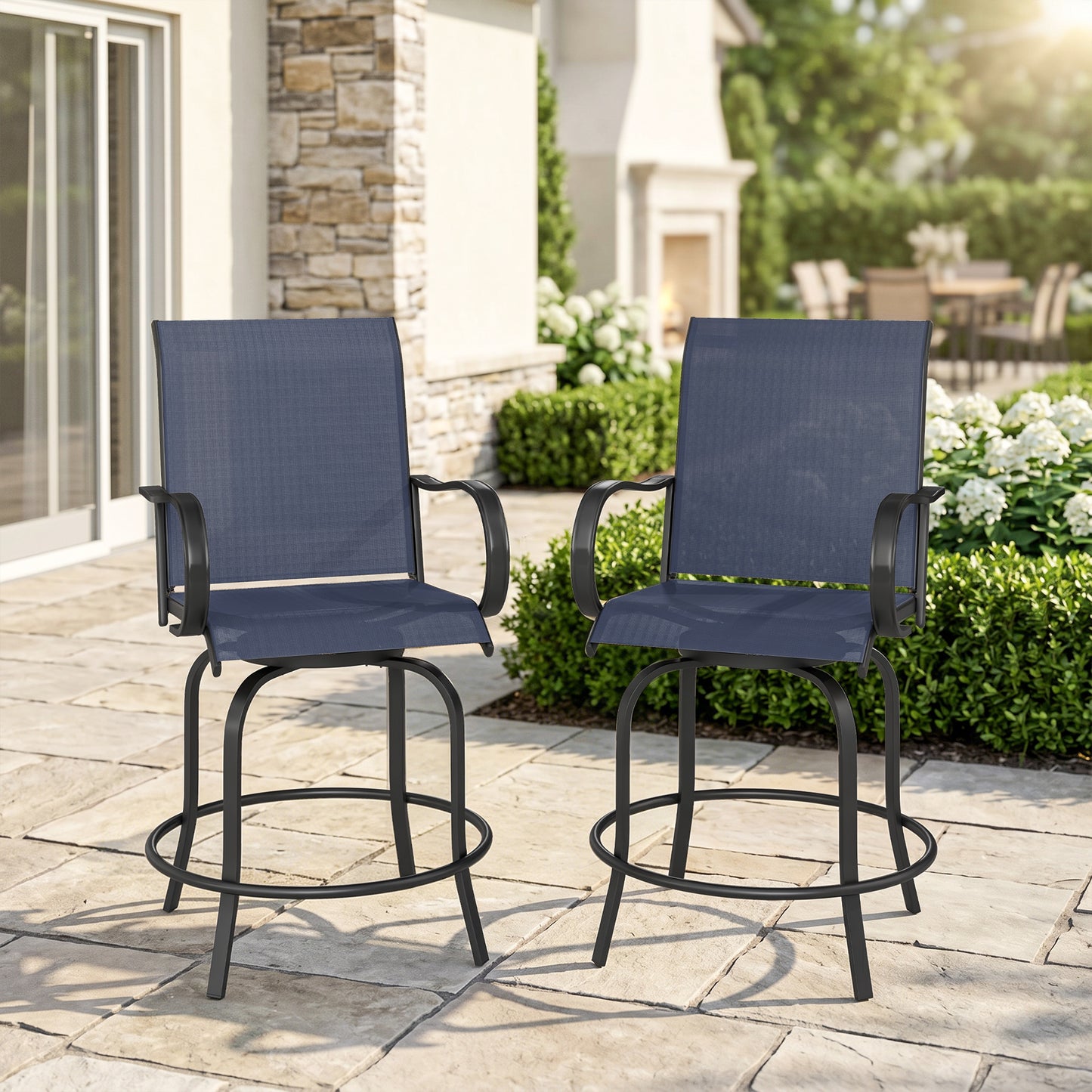 Outdoor Bar Stools Set of 2, 360° Swivel Bar Height Chairs, 26.8" x 29.5" x 48.4", Navy Blue