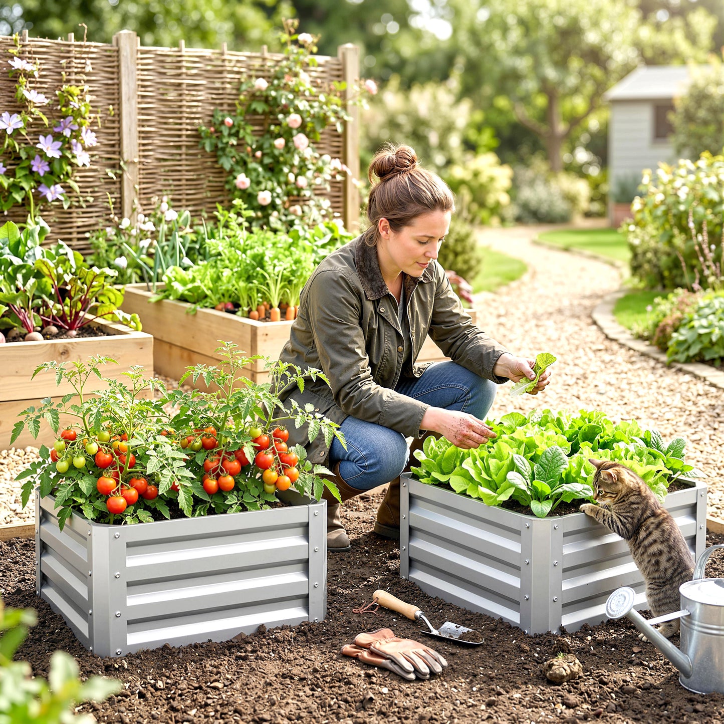 2Pcs 2' x 2' x 1' Galvanized Raised Garden Bed Kit, Square Outdoor Metal Planter Box with Open Bottom for Vegetables, Fl