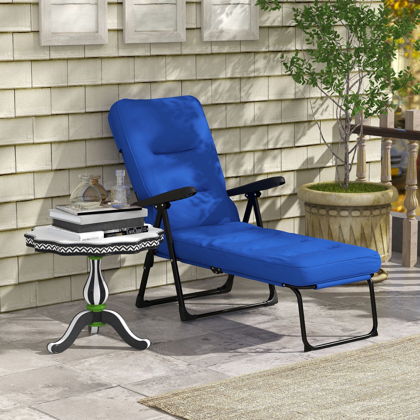 Outdoor Lounge Chair with Padded Cushion, Folding Reclining Patio Garden Chair with Recline Back, Footrest, for Poolside