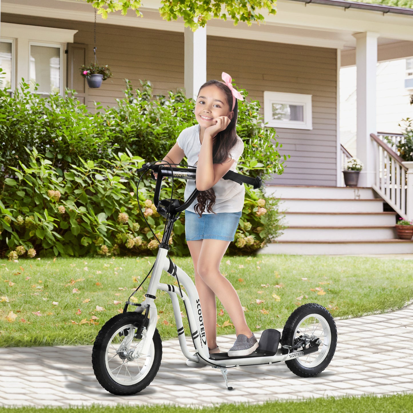 VarietyKart Dual Brakes Kick Scooter 12-Inch Inflatable Front Wheel Ride On Toy for Age 5+, White
