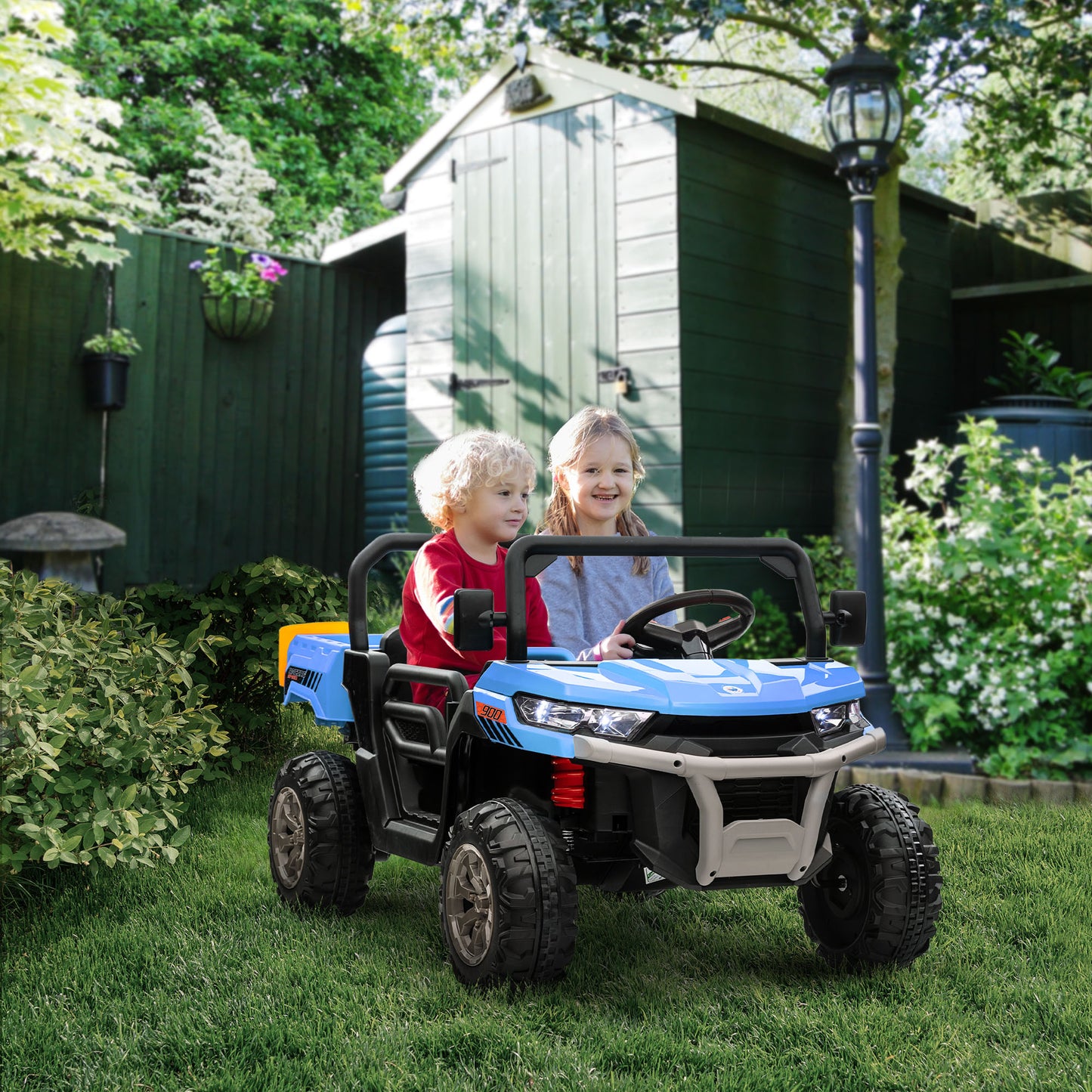 VarietyKart 12V Ride on Car with Electric Bucket, Two-Seater, Shovel, Remote Control, Spring Suspension, Horn, Music, Bl