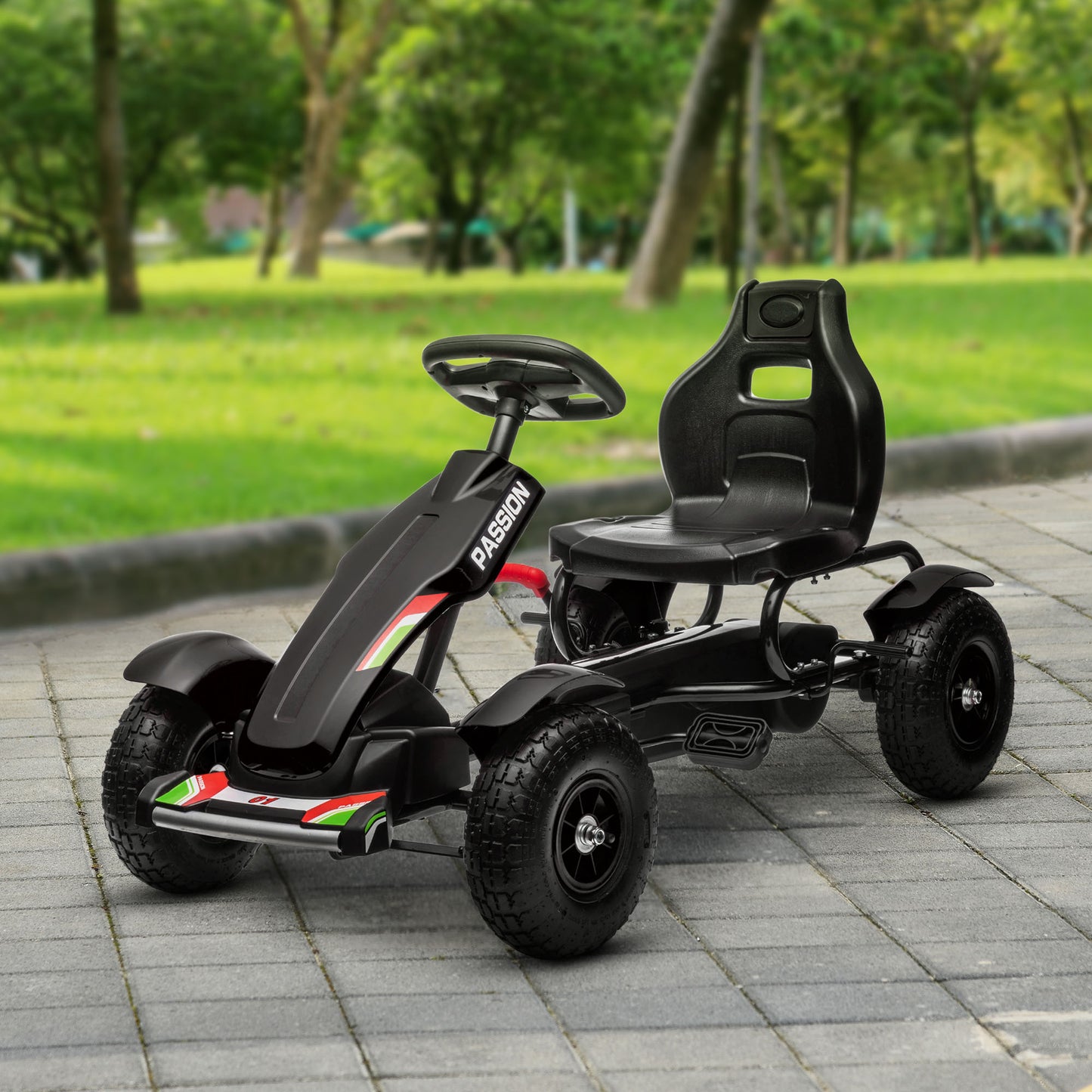 VarietyKart Pedal Go Kart for Kids, Pedal Car with Adjustable Bucket, Handbrake, 4 Rubber Wheels Powered Ride, Black