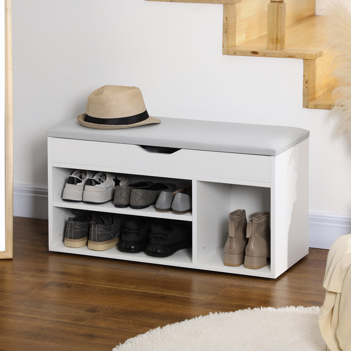 Shoe Bench Entryway Storage Rack with Padded Cushion, Hidden Storage for Hallway, Living Room, White