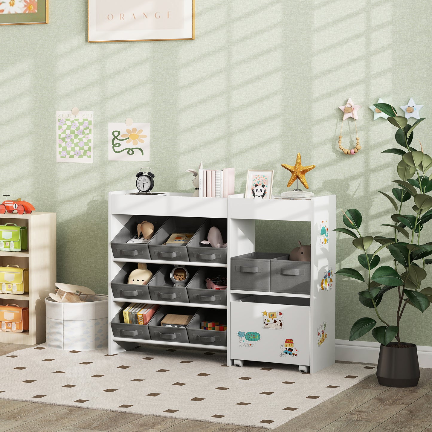 Qaba Toy Storage Organizer with 11 Non-Woven Fabric Boxes, Storage Cabinet & Shelves, for Kids Room, Nursery, Playroom W