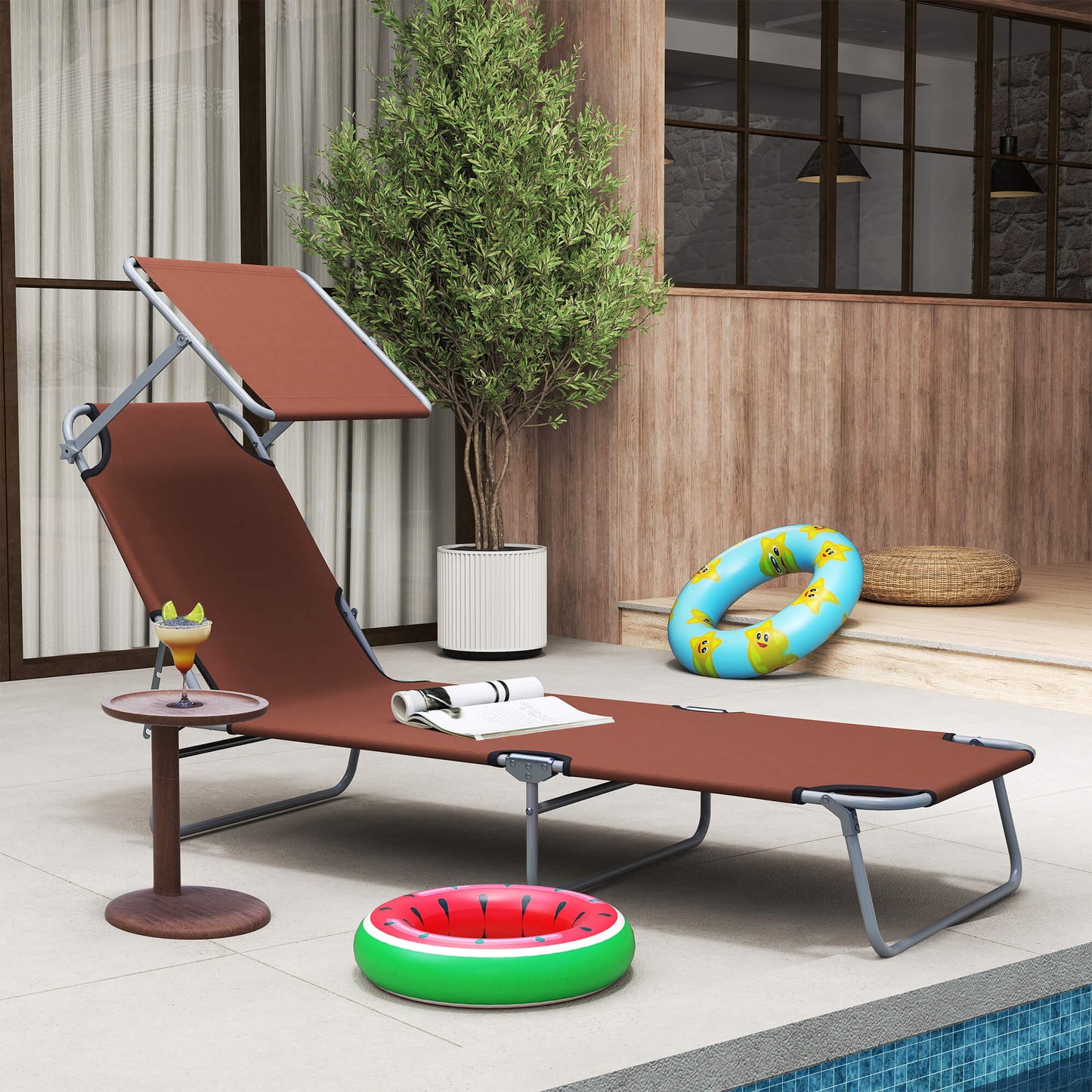 Outdoor Lounge Chair, Adjustable Folding Chaise Lounge, Tanning Chair with Sun Shade for Beach, Camping, Hiking, Backya