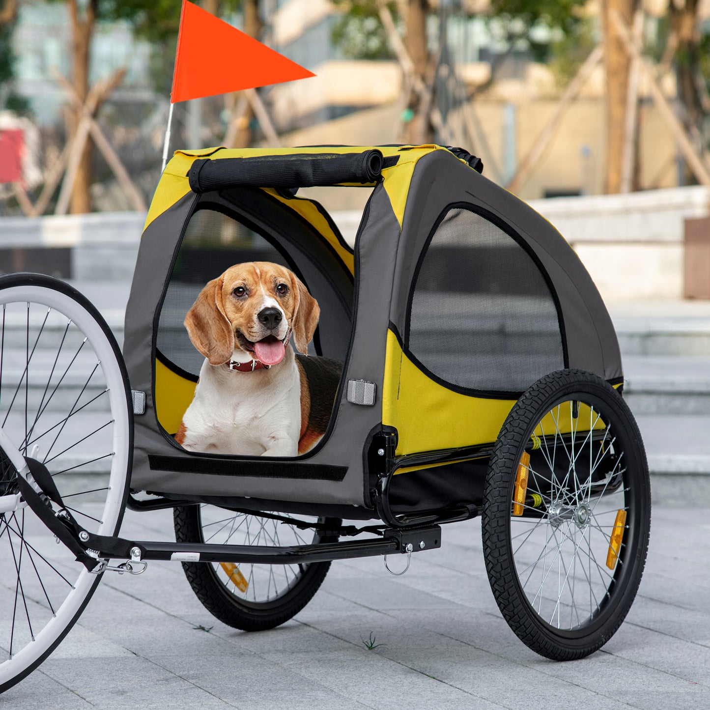 VarietyKart Dog Bike Trailer with Hitch Coupler, Quick Release Wheels, Reflectors, Flag for Medium Dogs, Yellow