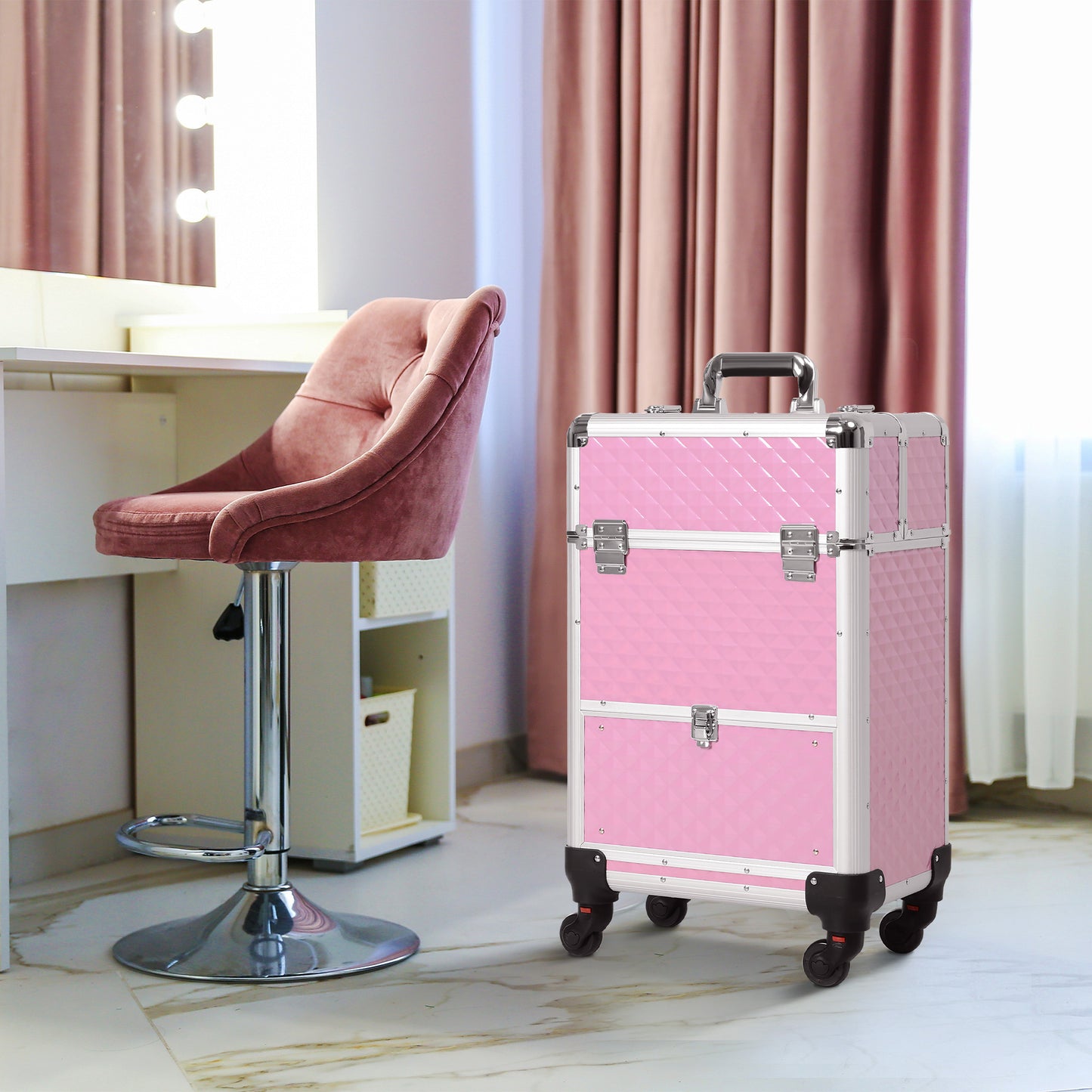 Portable Aluminum Makeup Train Cases, Rolling Makeup Case, Salon Beauty Cosmetic Jewelry Organizer Trolley with 4 Wheels