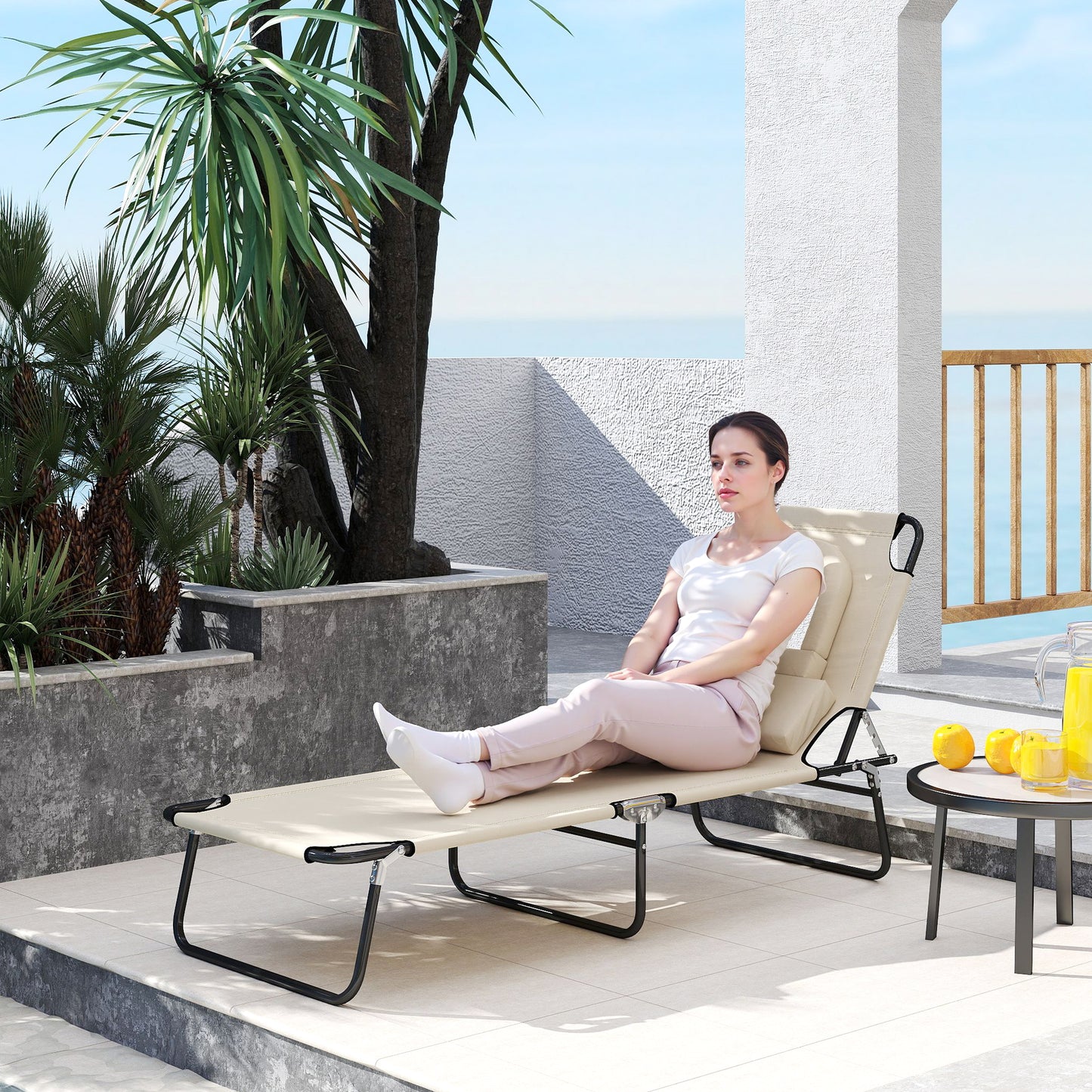 Outdoor Lounge Chair, Garden Folding Chaise Lounge w/ Adjustable Backrest, Face Hole and Support Pillow, Beige