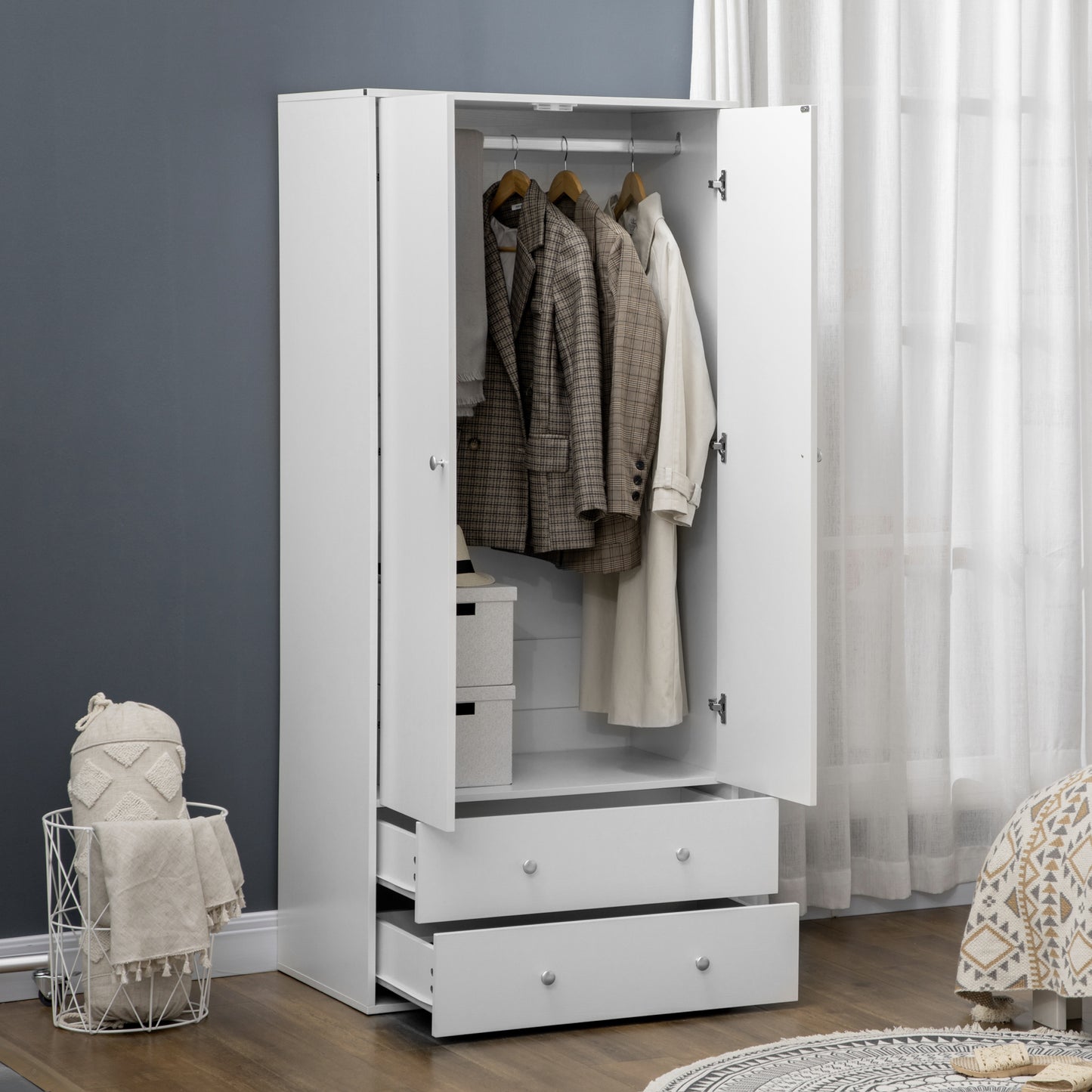Armoire Wardrobe Closet with 2 Drawers, 71" Tall Wardrobe Cabinet with Hanging Rod, 2 Door Bedroom Armoires, Modern Clot