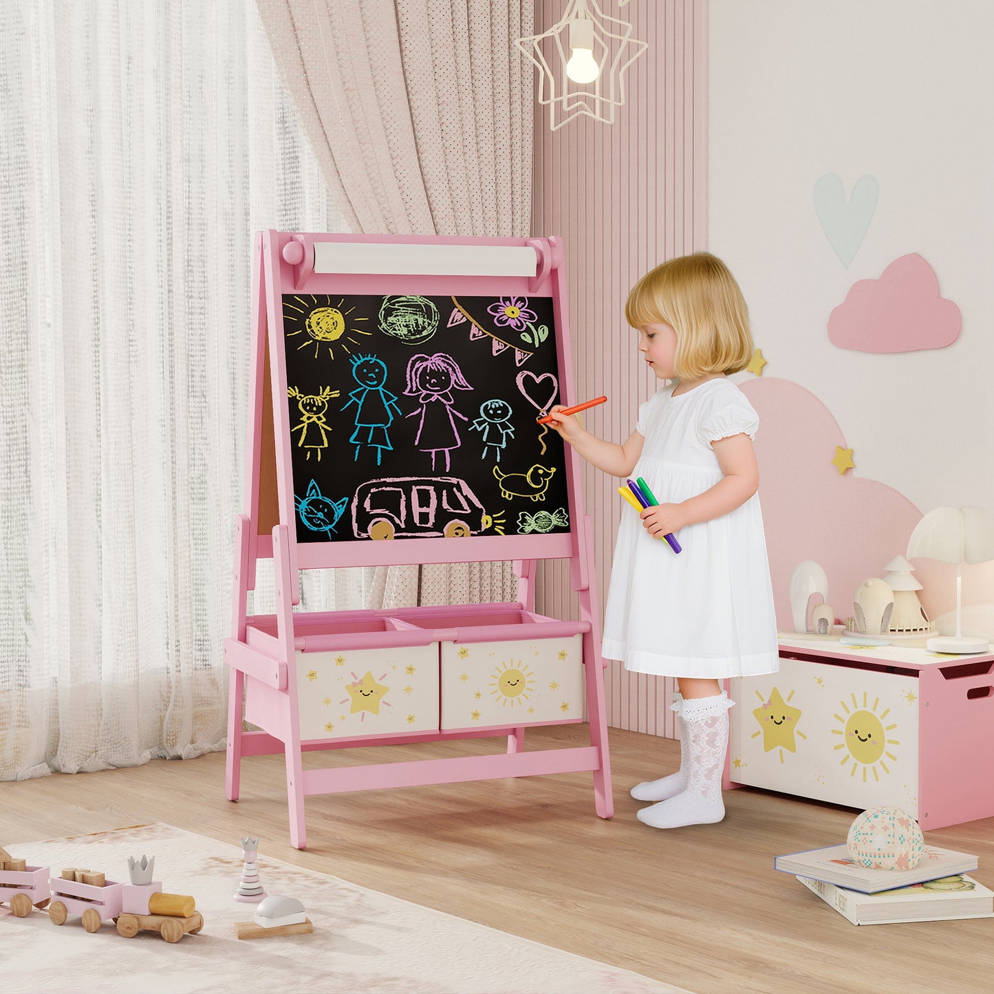Qaba Art Easel for Kids, Double-Sided Whiteboard & Chalkboard with Paper Roll, 2 Storage Boxes, Gift for Boys, Girls, Pi