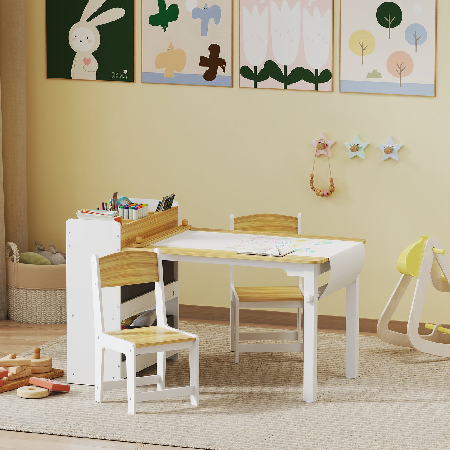 Qaba Kids Table and Chairs Set, Toddler Art Table and Chair Set with Paper Roll, Storage Shelves and Drawers, Natural Wo