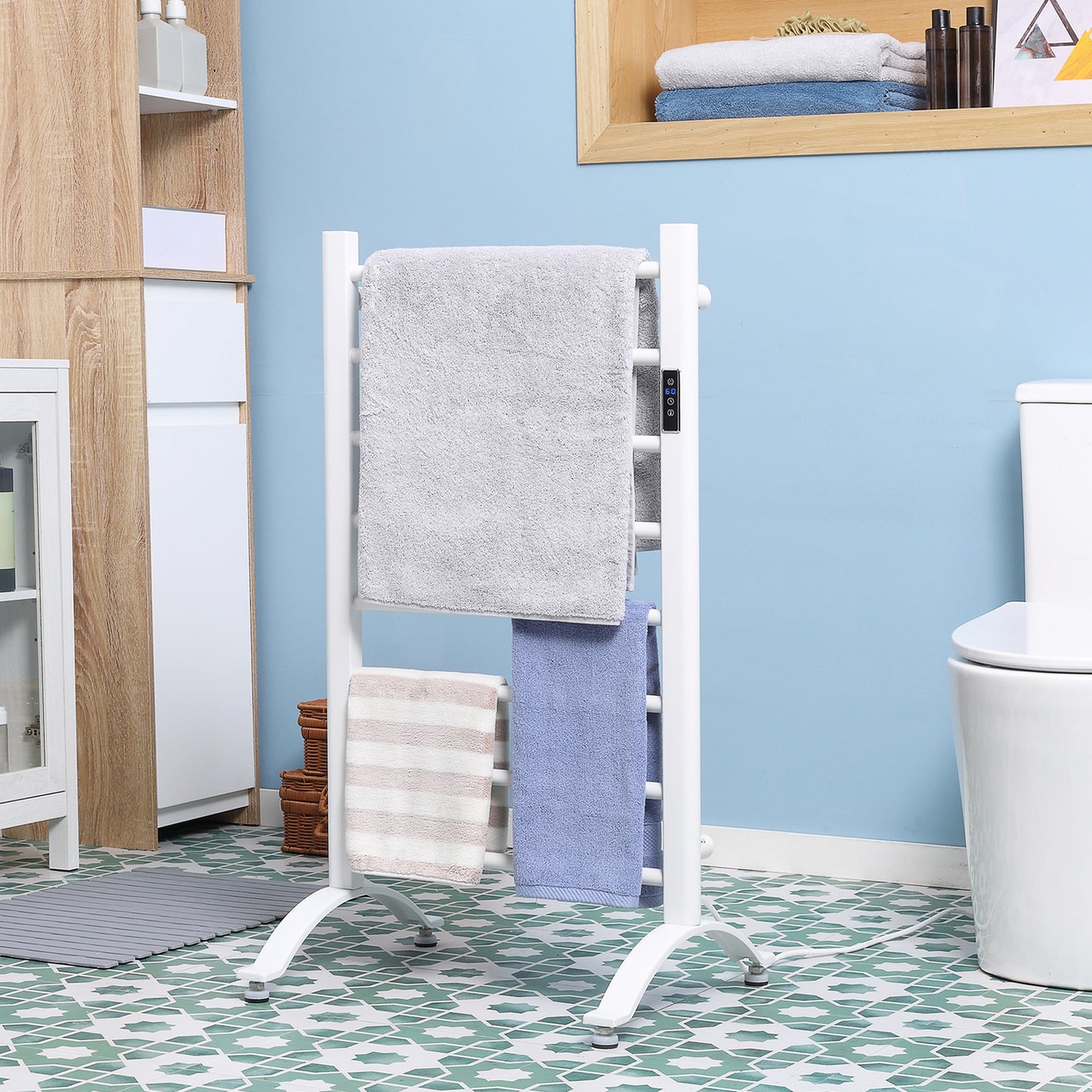 8-Bar Heated Towel Warmer Rack with Built-in Timer and LED Indicators, Wall Mounted & Free Standing Carbon Steel Electri