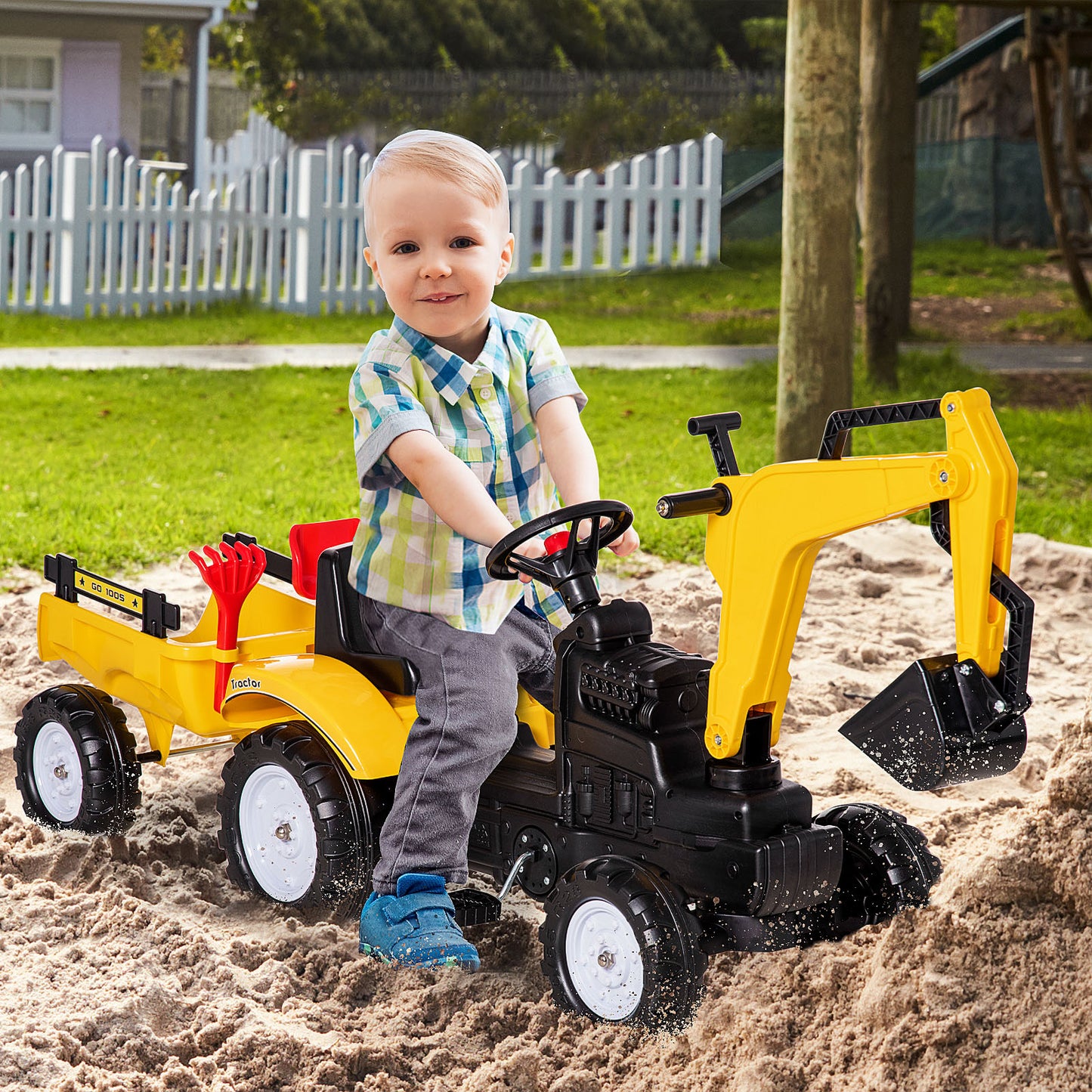 VarietyKart Ride on Tractor for Kids, Pedal Construction Car with Horn & Detachable Trailer for 3 Years Old, Yellow