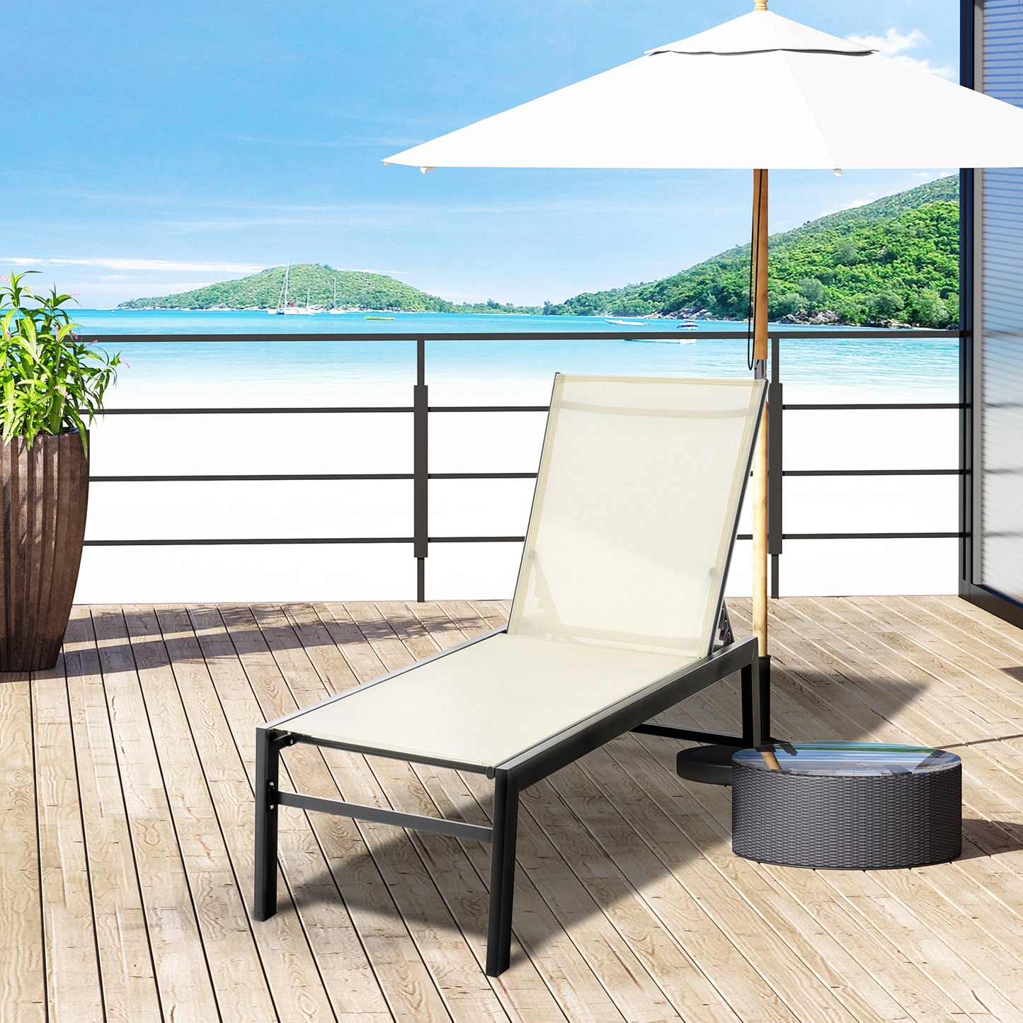 Outdoor Lounge Chair, Patio Lounger with 5-Position Reclining Backrest and 2 Wheels for Poolside, Beach, Lawn, Cream Whi
