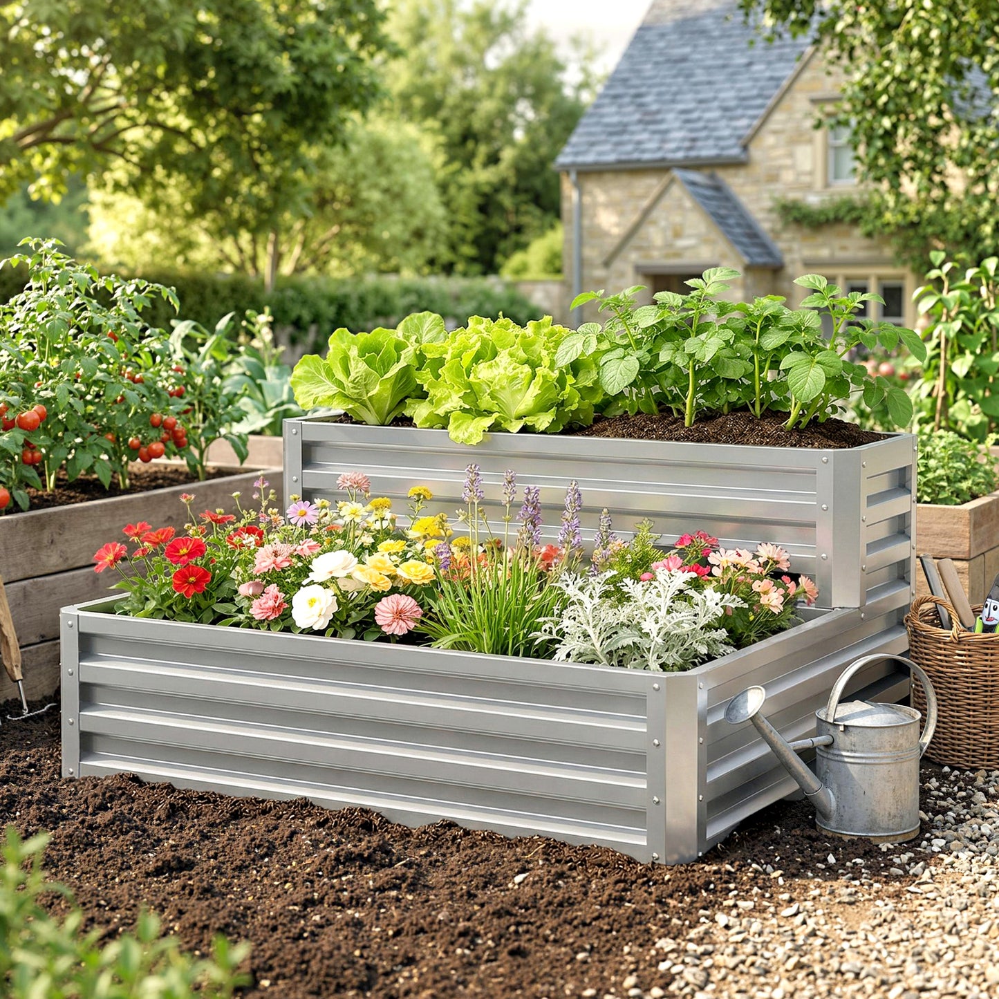 2 Tier Galvanized Raised Garden Bed, Steel Planter Box for Vegetables, Flowers, Herbs, 47" x 40" x 23", Silver