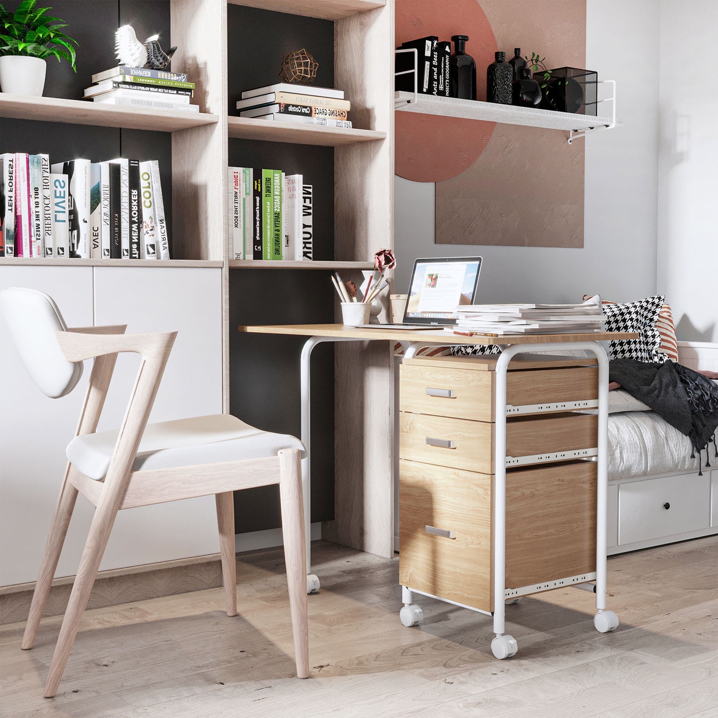 Foldable Computer Desk with Drawers, Executive Student Table with Storage Shelf, 6 Wheels for Bedroom Home Office Workst