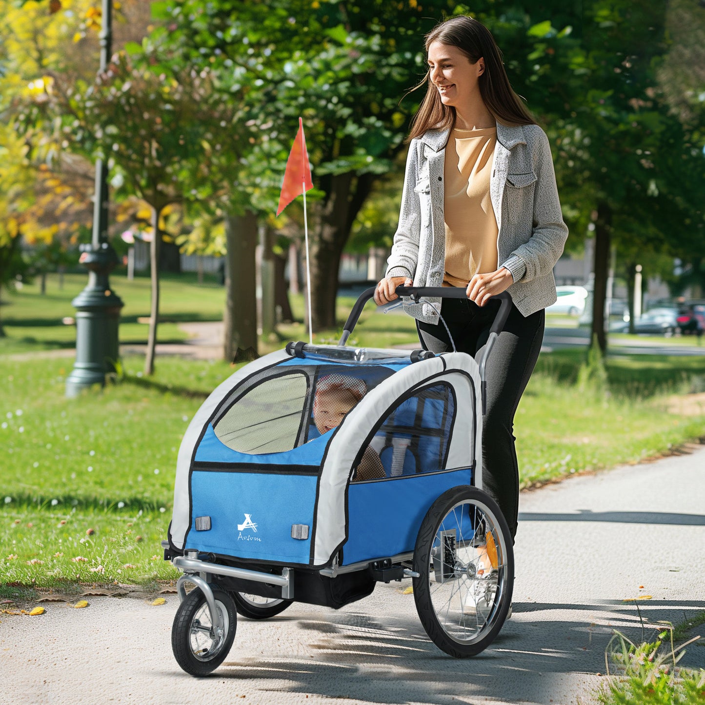 VarietyKart 2-in-1 Bike Trailer for Kids, Foldable 2-Seat Baby Stroller with 5-Point Harness, Rubber Wheels, Storage Bag