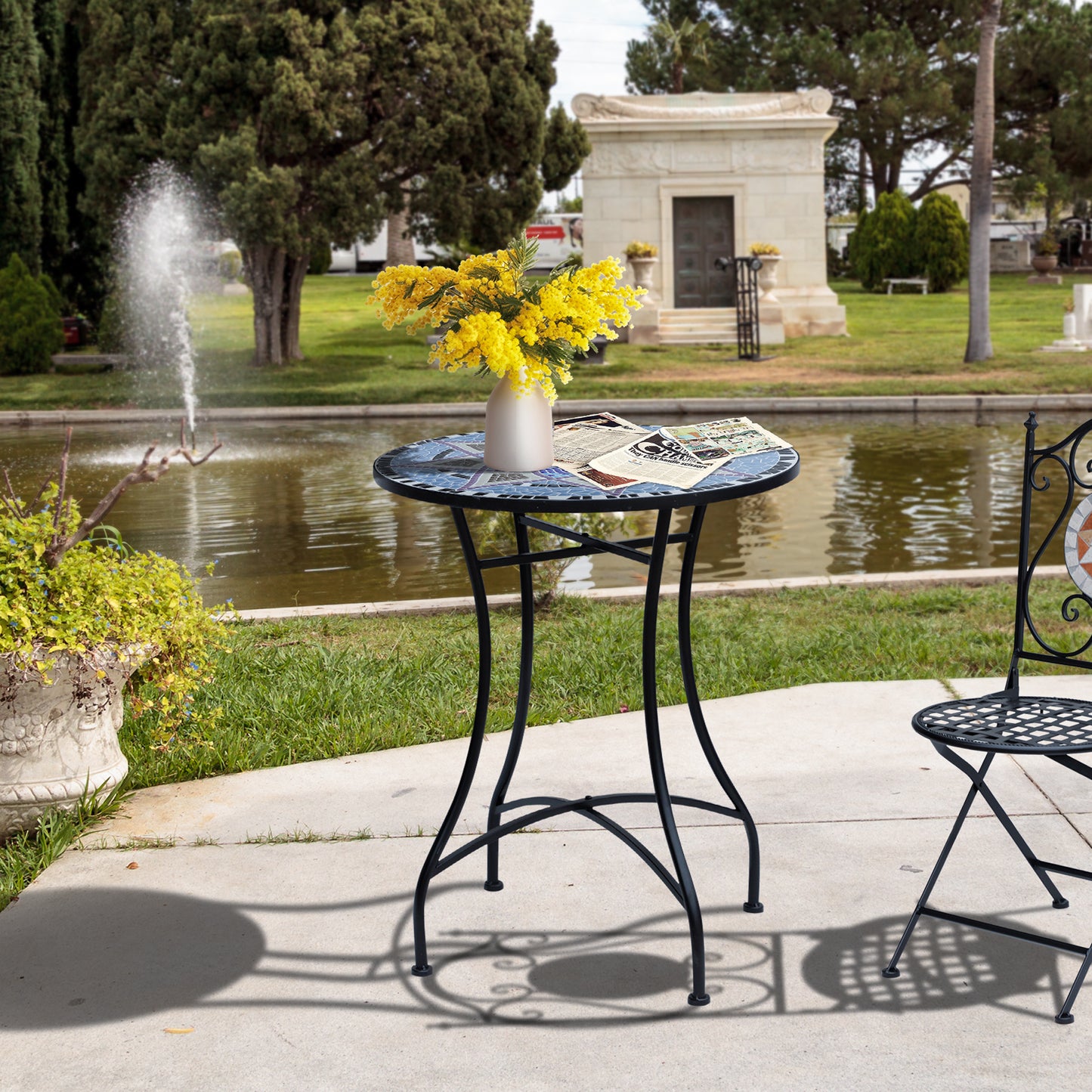 23.6" Mosaic Round Patio Table with Ceramic Tabletop, Outdoor Furniture, Multicolor