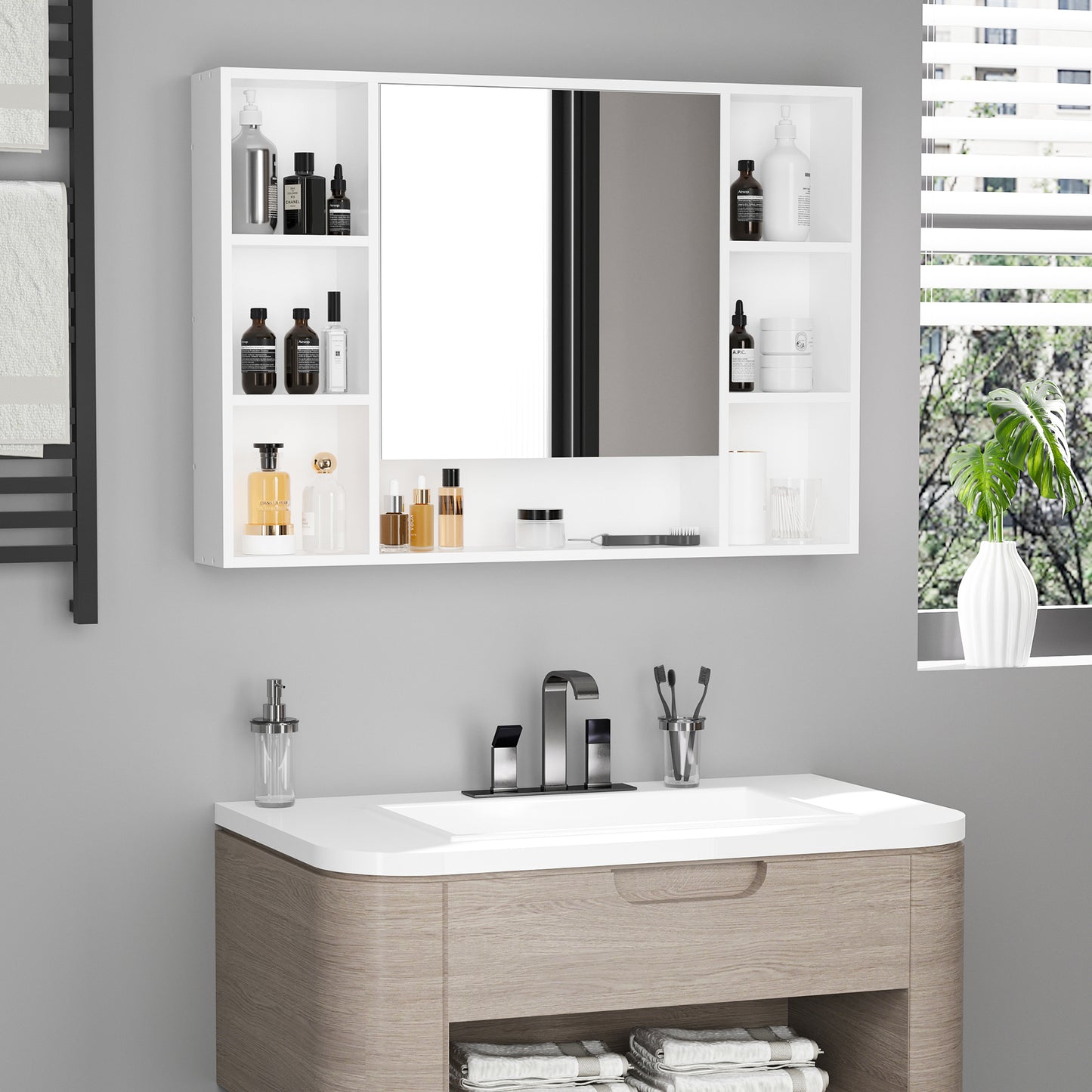 Wall Mounted Medicine Cabinet, 39.25"W x 27.5"H Bathroom Mirror Cabinet with Single Mirrored Door, Shelves and Storage C