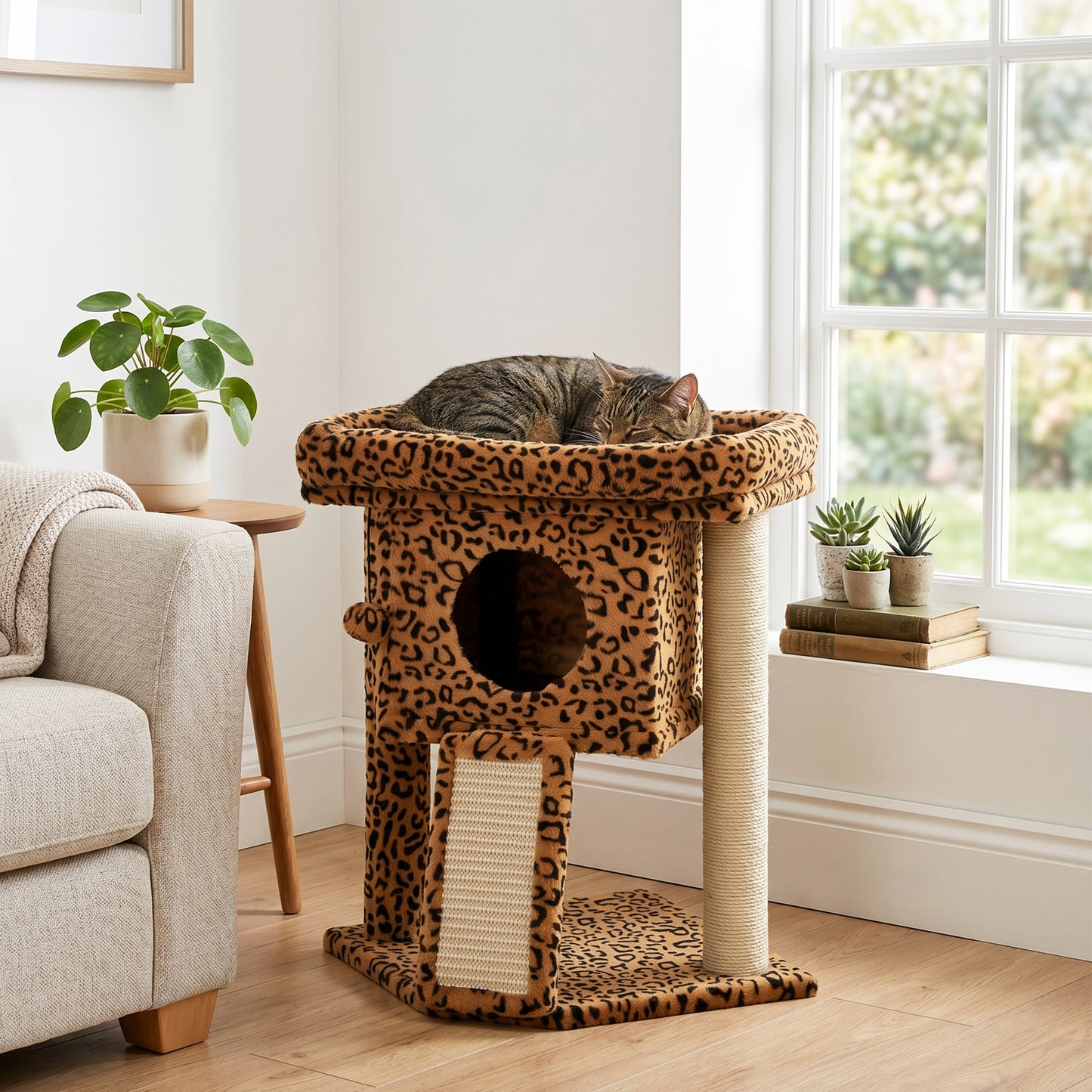 Cat Tree, Small Cat Tower with Perch, Scratching Post, Cat Condo, Toy Ball for Kitty, Leopard Print