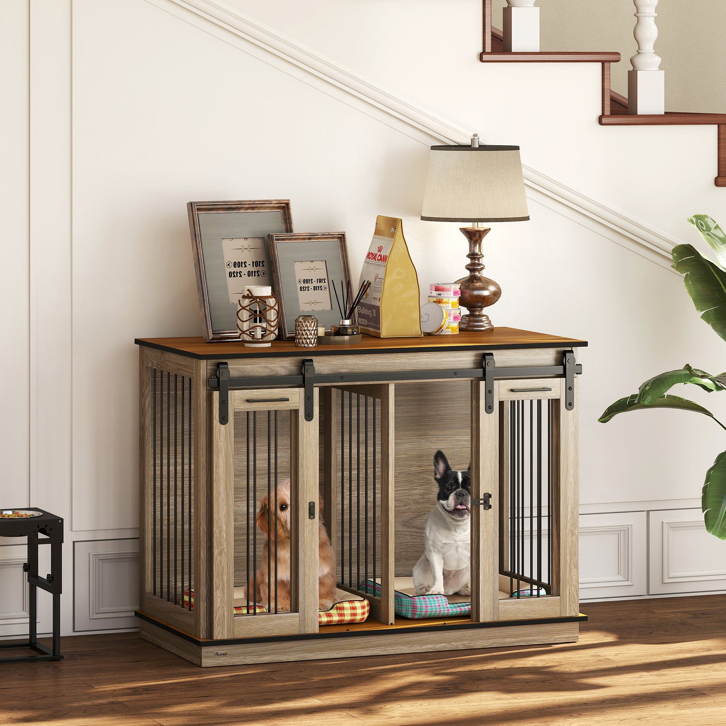 47in Dog Crate Furniture with Divider Panel, Wooden Dog Kennel TV Stand for Large Dogs, Pet House Side Table for 2 Small
