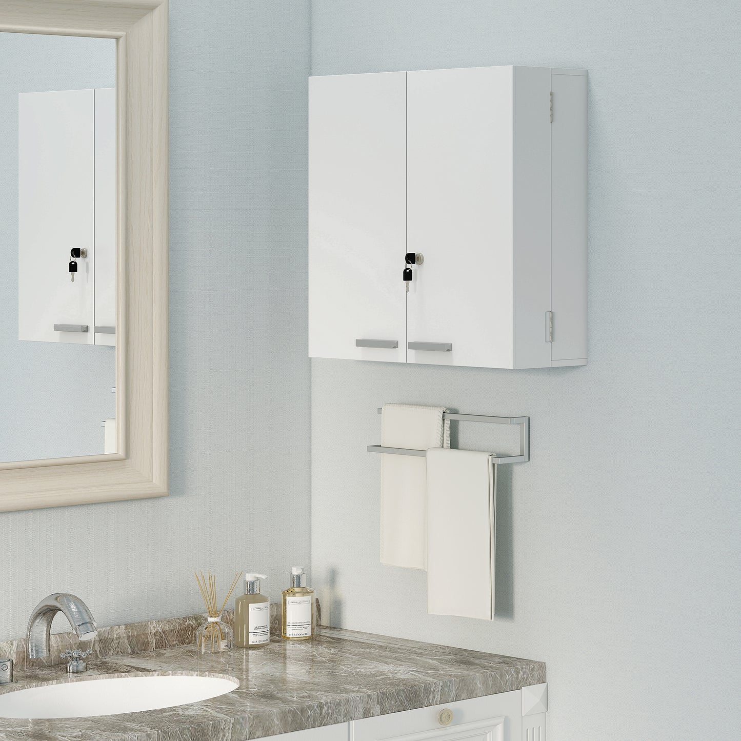 Wall Mount Medicine Cabinet, Bathroom Cabinet with 4 Tier Shelves, Lockable with 2 Keys for Kitchen, White