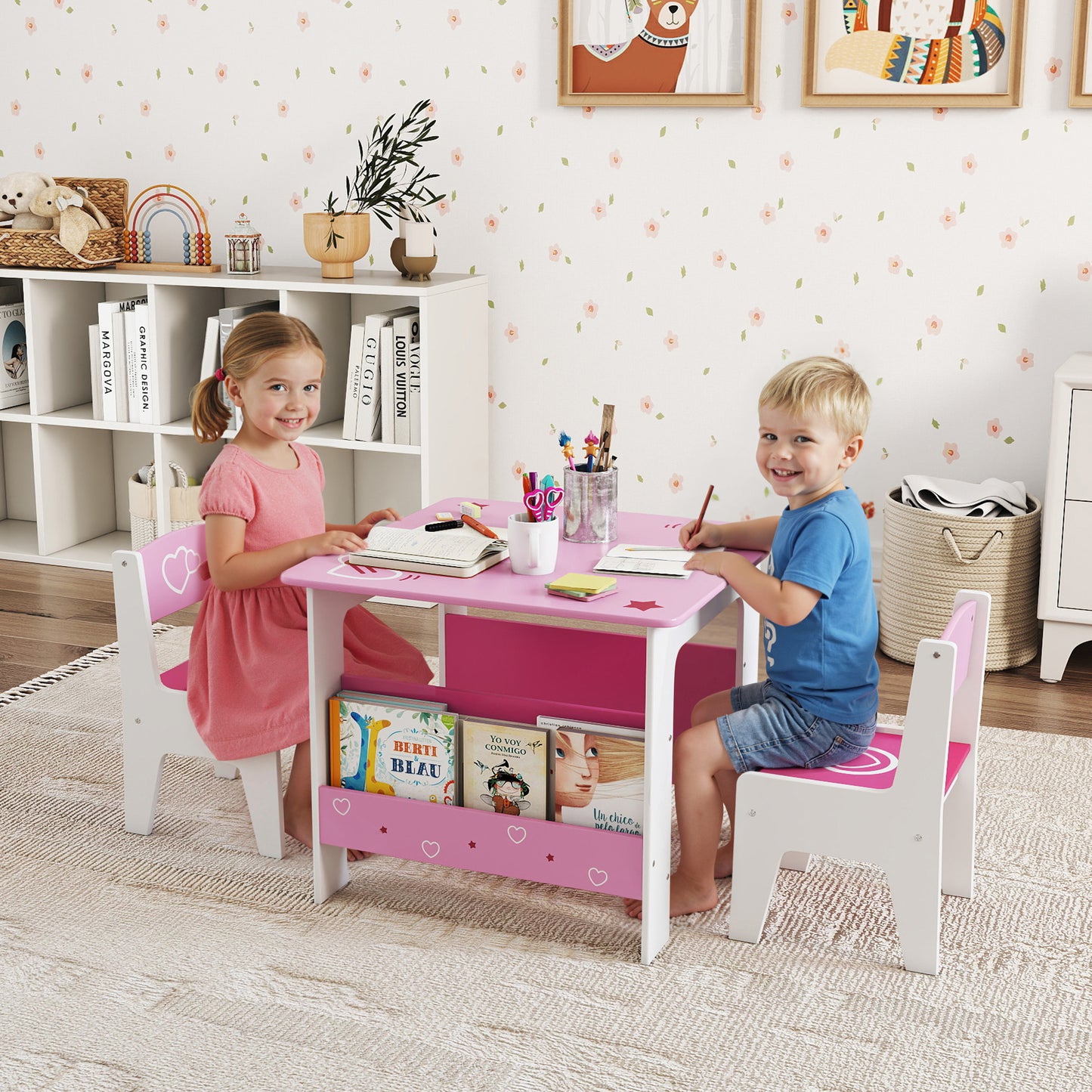 Qaba 3 Pieces Kids Table and Chair Set with Bookshelves, for Classroom, Home, Nursery, Playroom, for Read, Draw, Art, Pi
