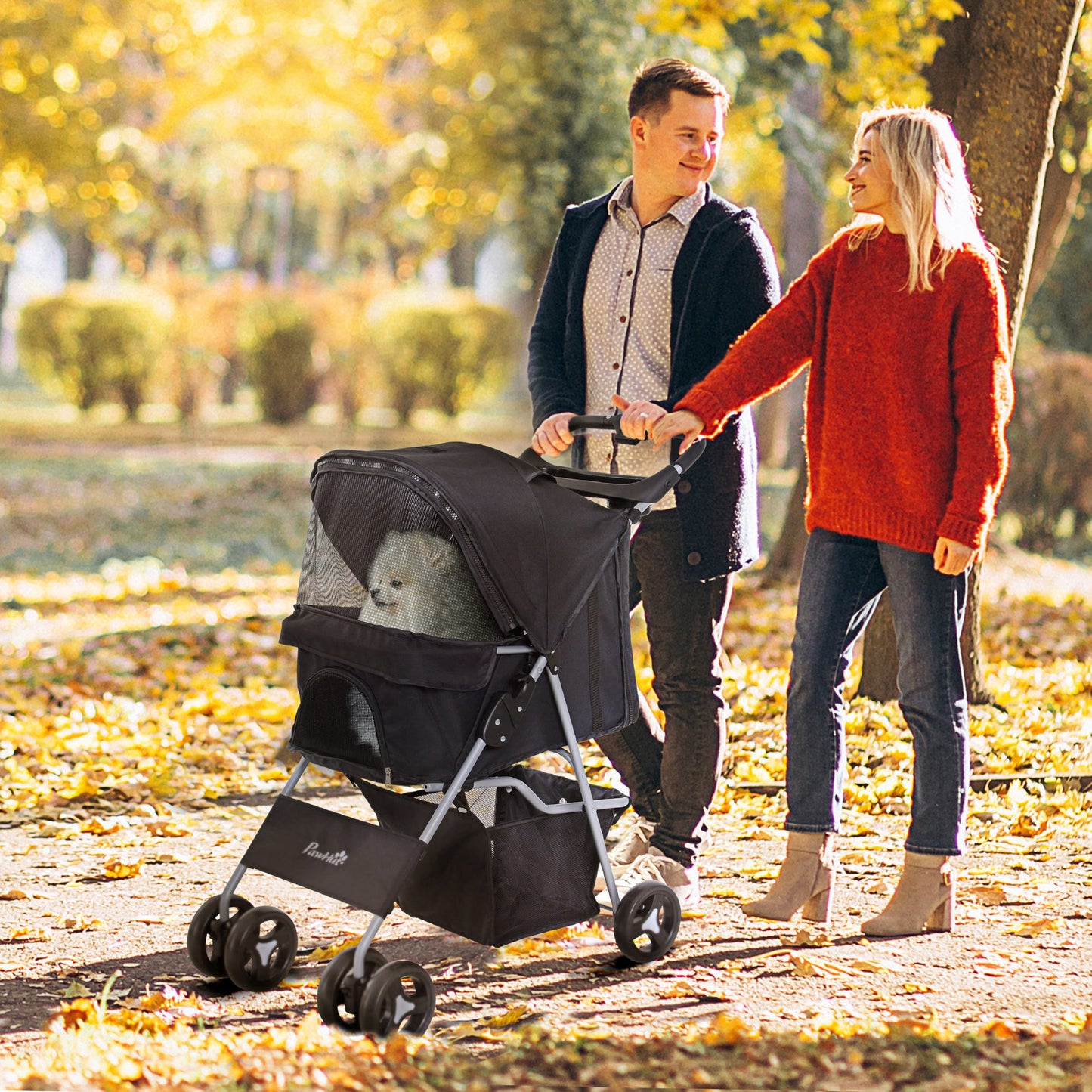 Cat Dog Stroller, One-click Foldable Pet Stroller w/Cup Holder, 4 Wheels Travel Carrier w/Brakes, 360° Swiveling Front W