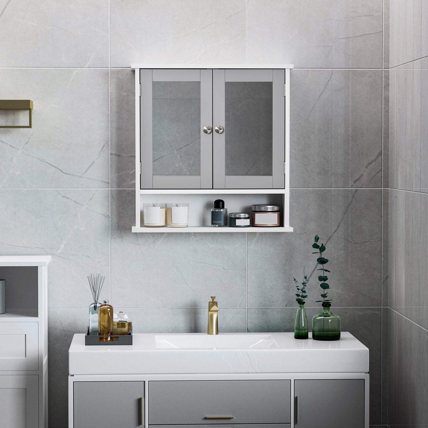 Medicine Cabinet, Wall-Mounted Bathroom Mirror Cabinet with Double Doors, Open Shelf, and Adjustable Shelf, Modern Bathr