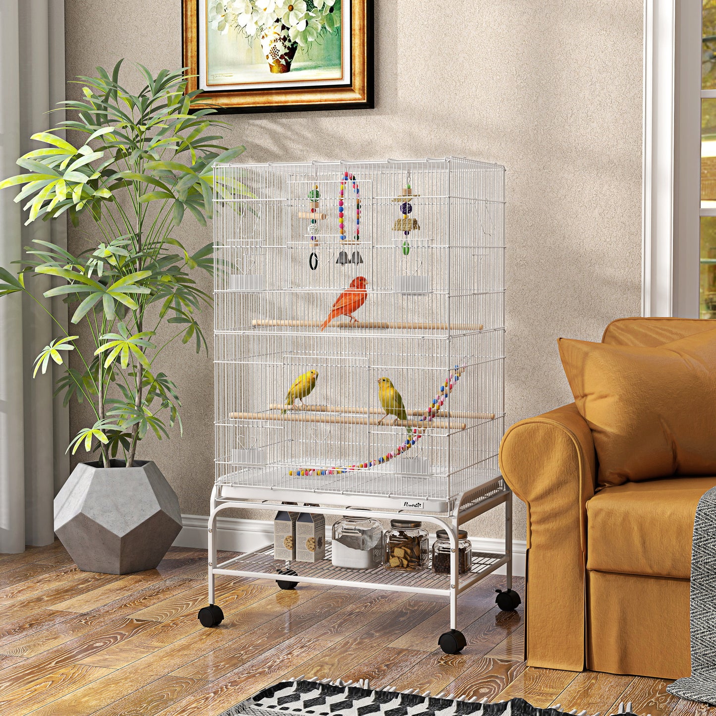 43" Bird Cage with Rolling Stand, Toys, for Budgies Canaries White