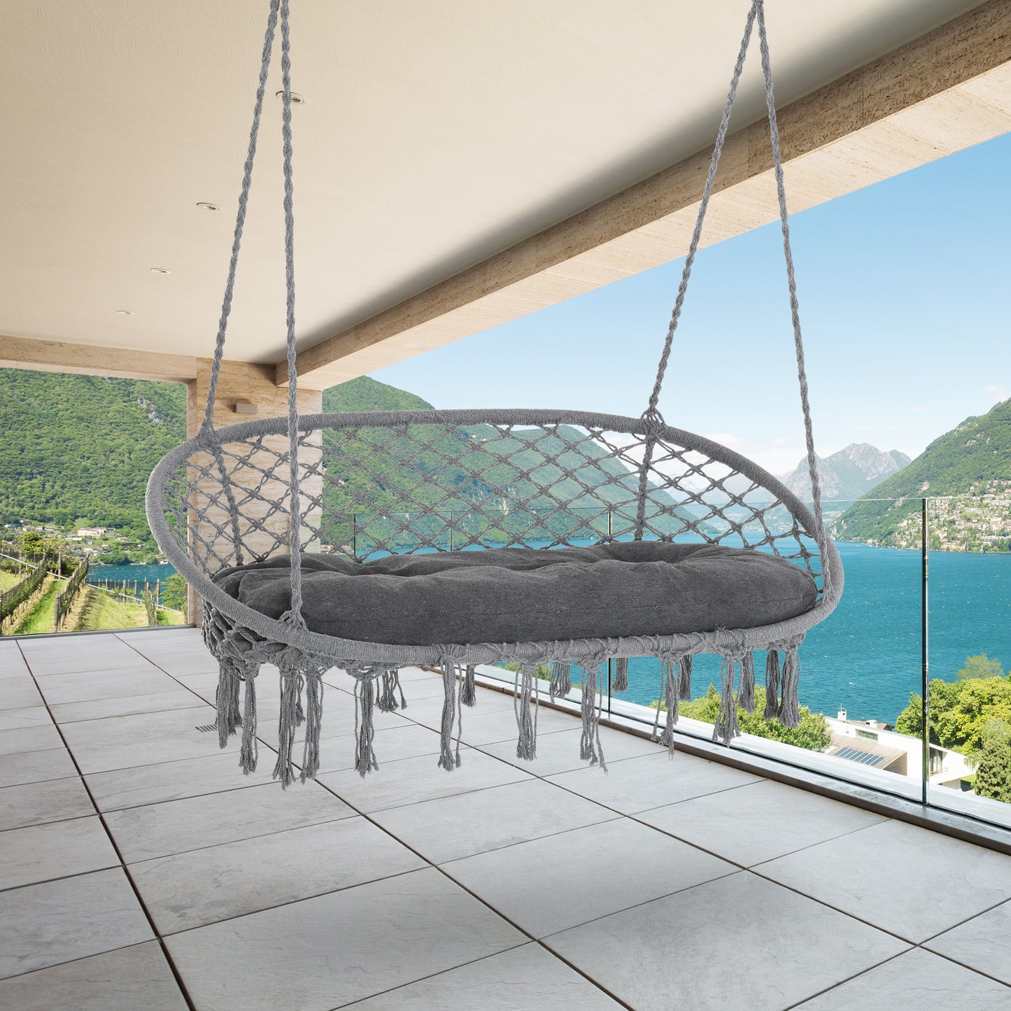 Patio Hammock Chair 2 Seat, Hanging Rope Hammock Swing Chair with Metal Frame and Cushion, Large Macrame Seat for Indoor