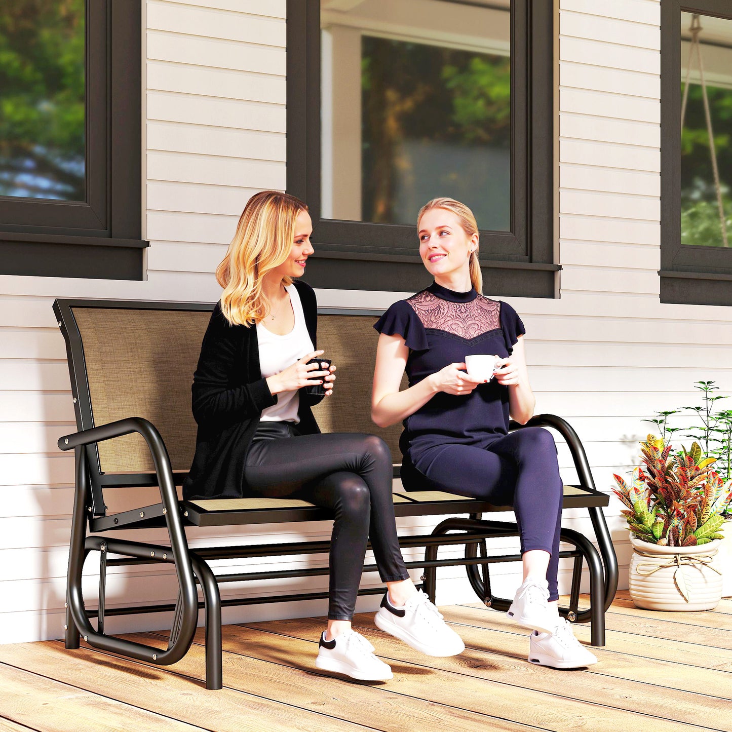 Outdoor Glider Bench, 2 Person Patio Glider Chair, Gliding Outdoor Garden Loveseat Swing Bench with Breathable Mesh Fabr