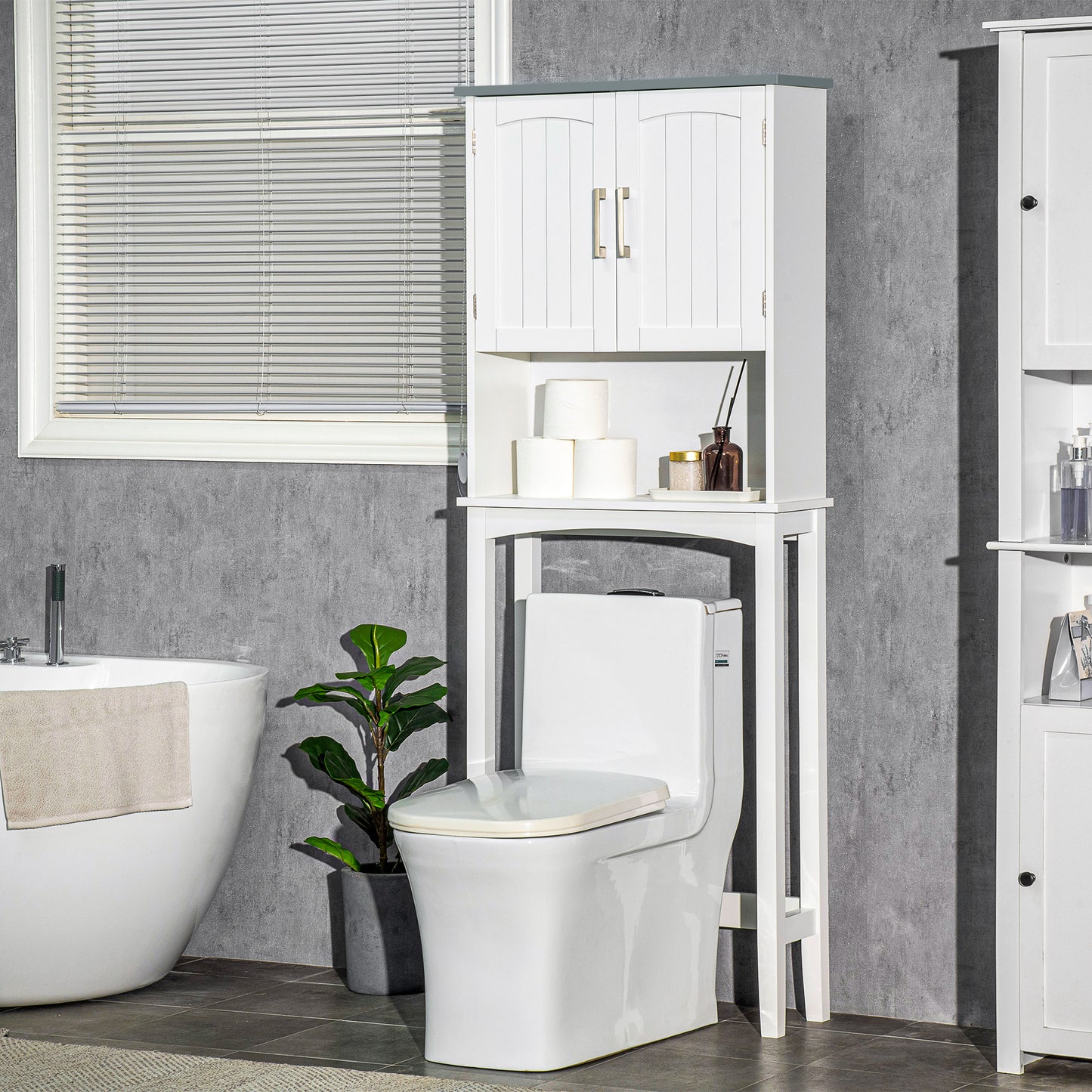 Modern Over The Toilet Storage Cabinet, Double Door Over Toilet Bathroom Organizer with Adjustable Shelf and Open Shelf,