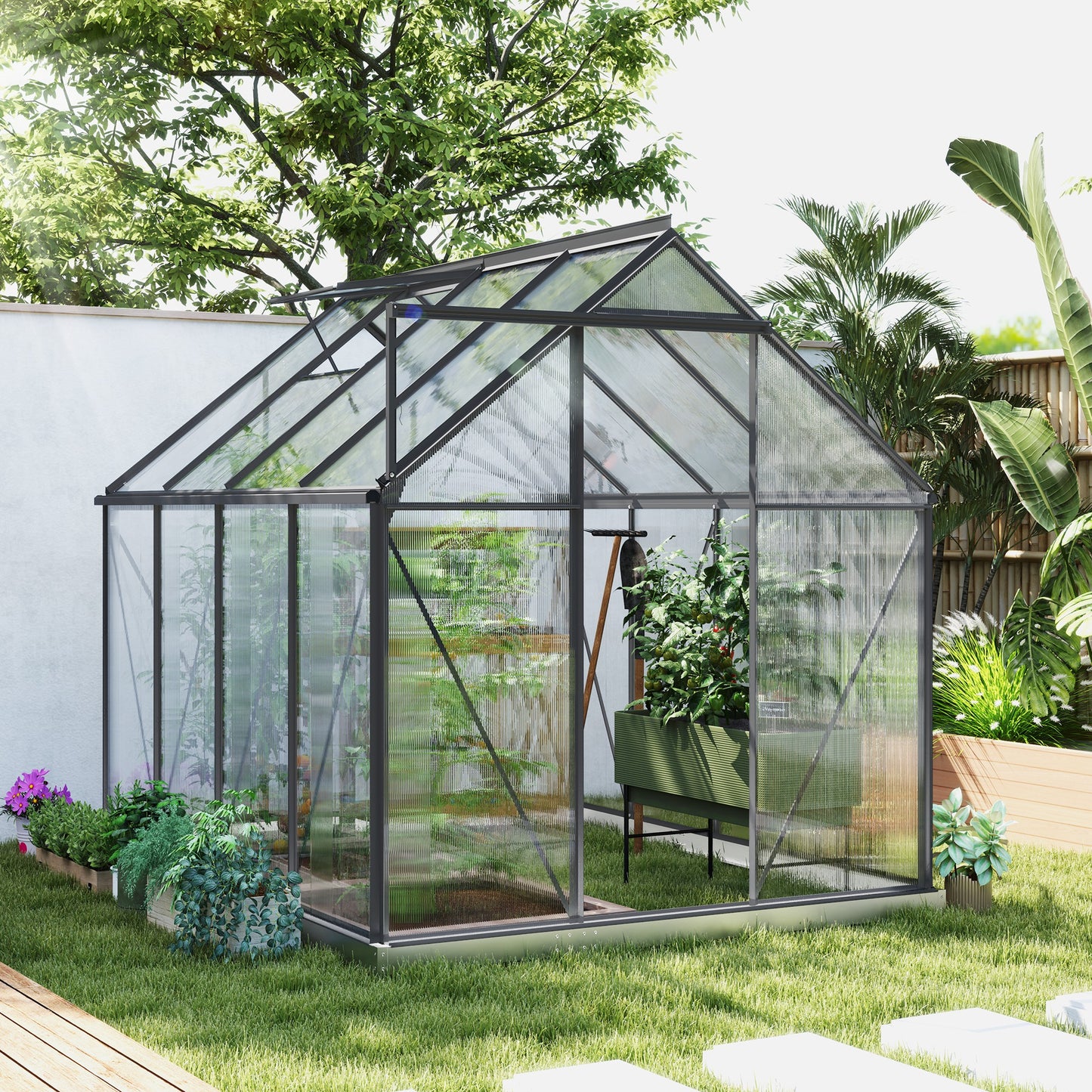 6' x 8' x 6.5' Polycarbonate Greenhouse, Walk-in Green House with Adjustable Roof Vent Galvanized Base Sliding Door Rain