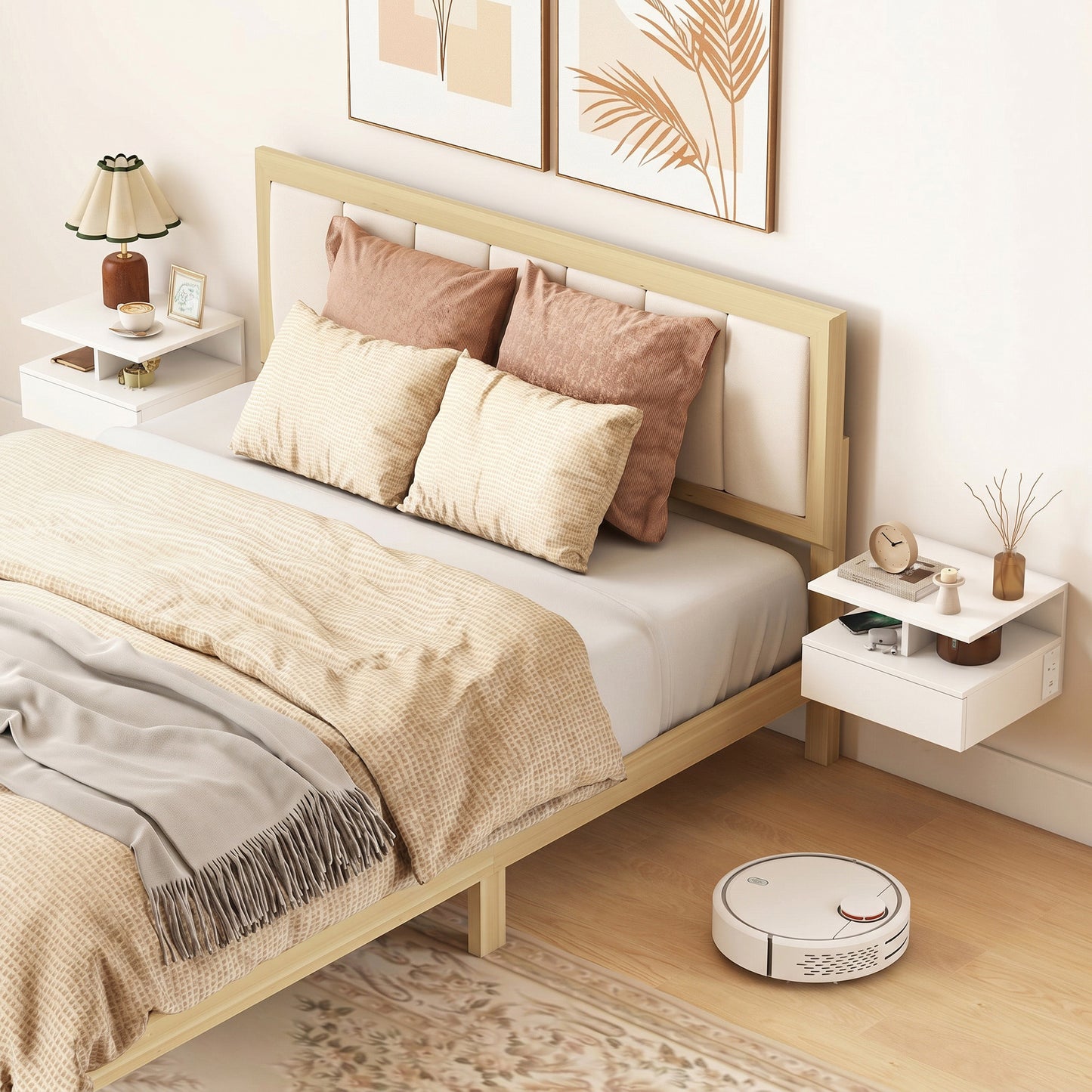 Floating Nightstand Set of 2, Wall Mounted Bedside Table with with Power Outlets, Drawer and Shelf, White