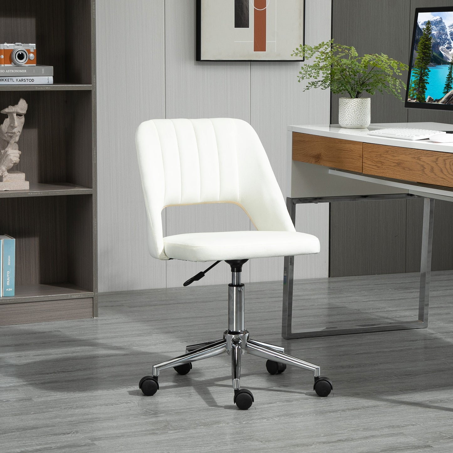 Mid Back Office Chair Velvet Fabric Swivel Scallop Shape Computer Desk Chair, Cream White