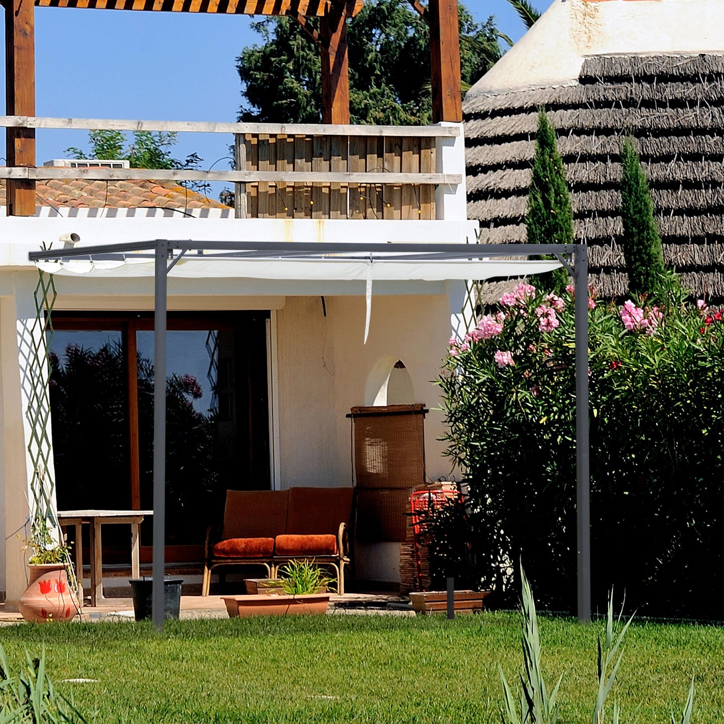 10'x10' Outdoor Pergola Gazebo with Retractable Canopy & Metal Frame & PA Coated Sun Shelter Door Porch Cover, Cream Whi
