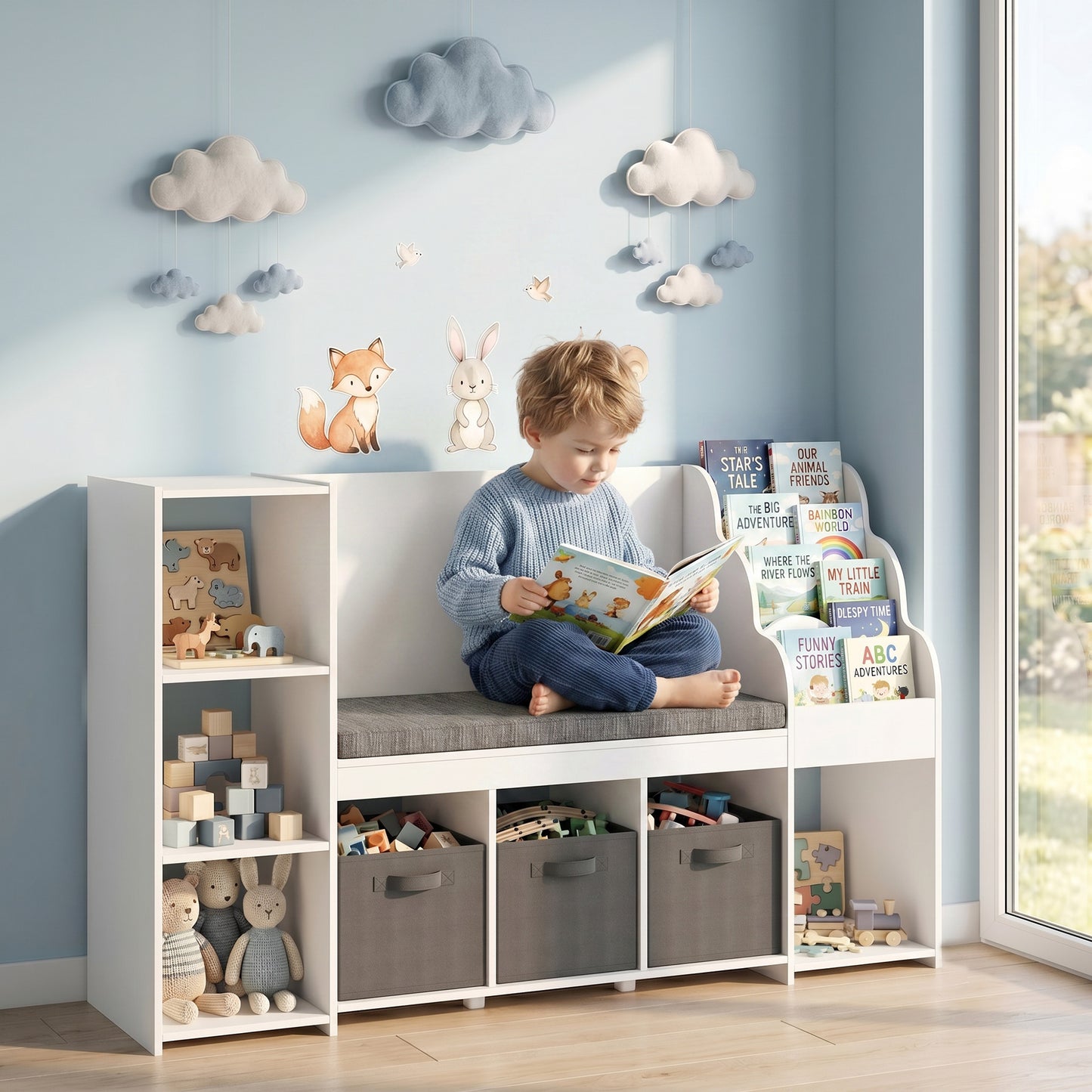 Qaba Kids Storage Shelf with Reading Nook, Toy Storage Organizer with Seat Cushion, 3 Fabric Drawers for Playroom, Nurse