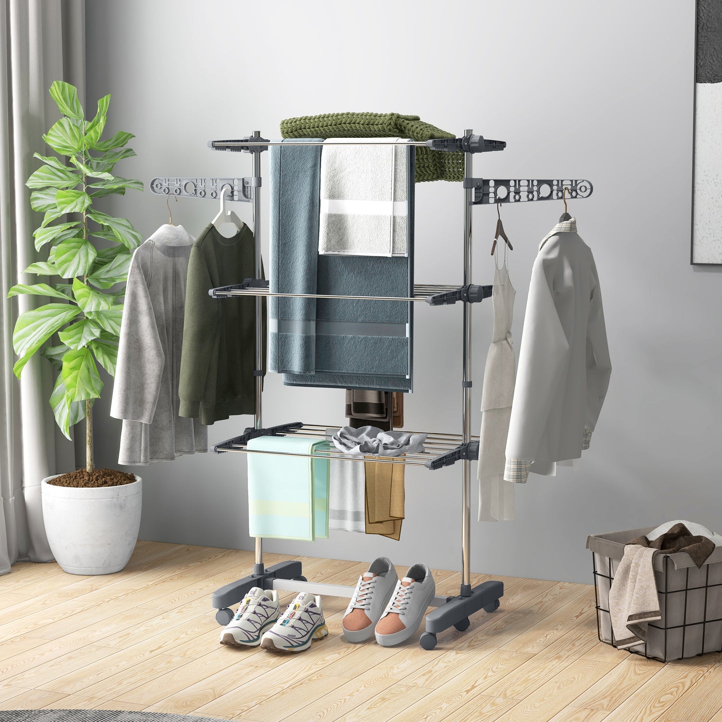 3-Tier Foldable Clothes Drying Rack, Stainless Steel Laundry Rack with 2 Side Wings and 6 Castors, Collapsible Adjustabl