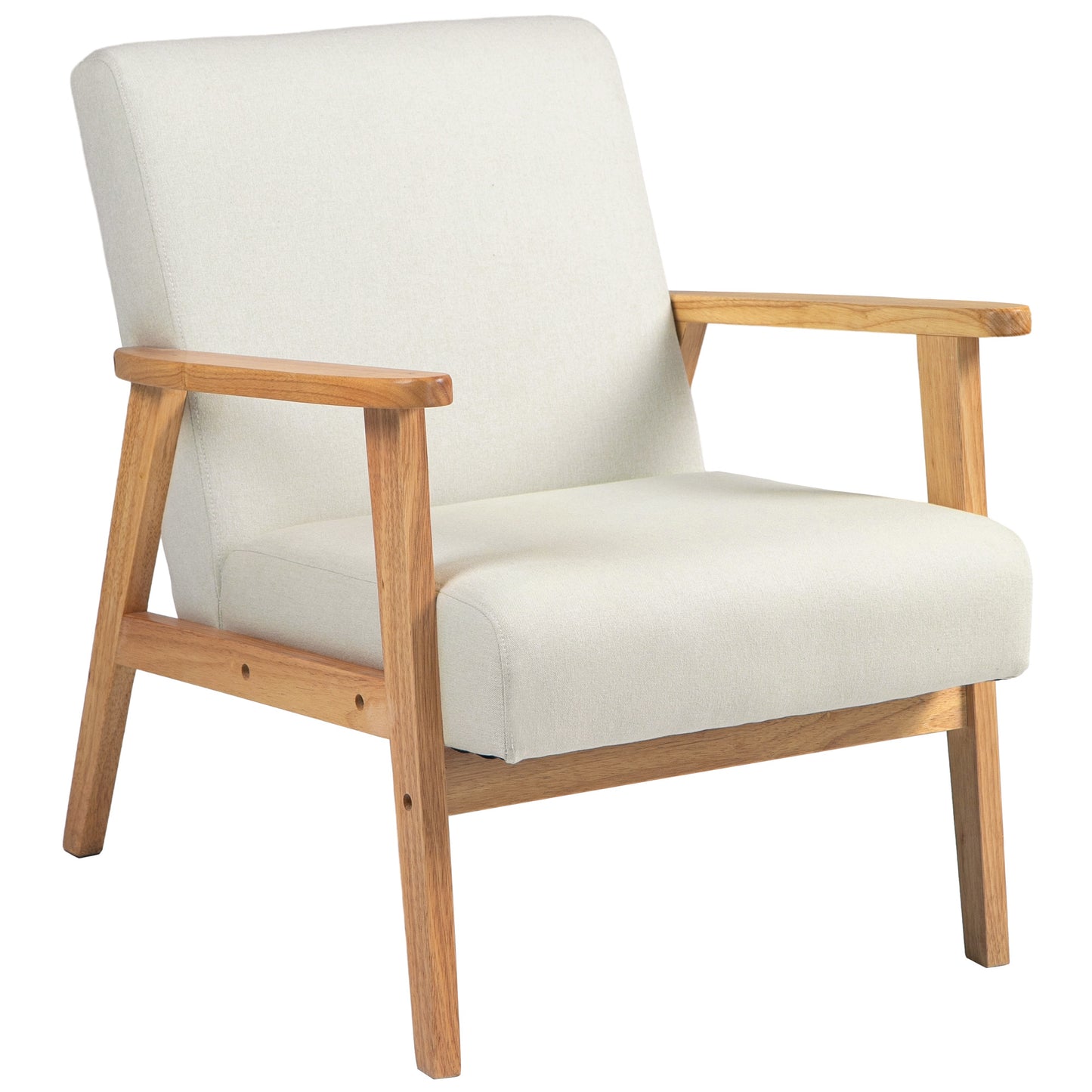 Mid-Century Modern Accent Chair Retro Fabric Armchair Wooden Arm Upholstered Lounge Chair for Living Room Cream White