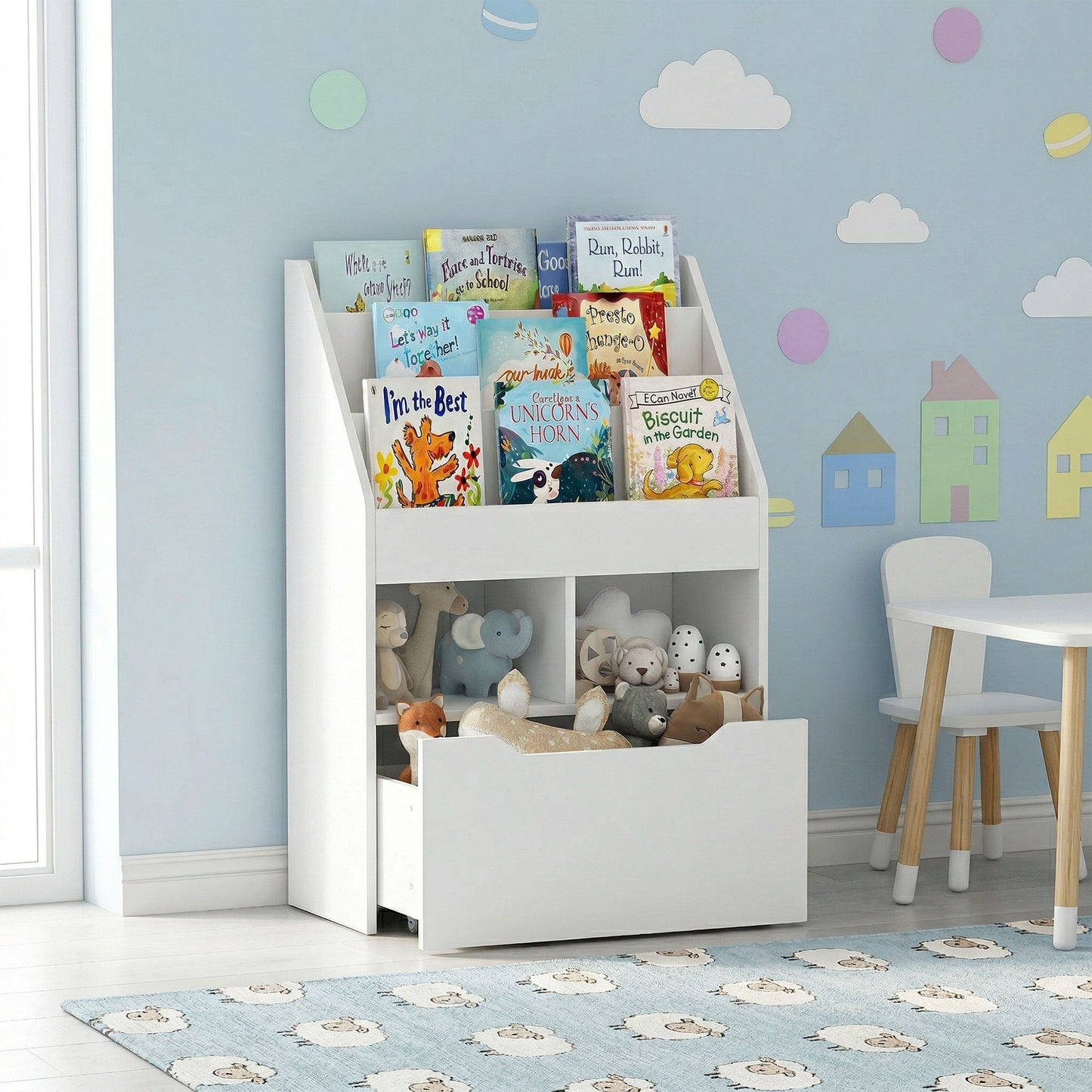 Kids Bookshelf Bookcase, Montessori-Inspired 4 Tier Large Capacity Rack Organizer with Moveable Drawer for Books for Rea