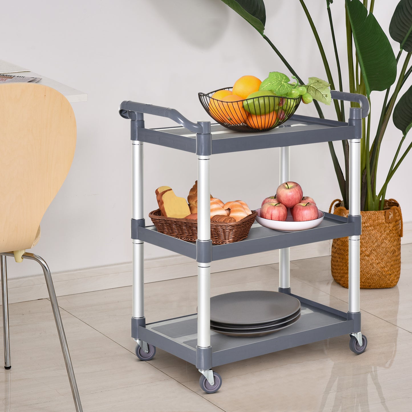 3-Tier Utility Cart Large Rolling Storage Trolley with 3 Shelves Metal Clean Service Cart, Restaurant, Hotel, Livingroom