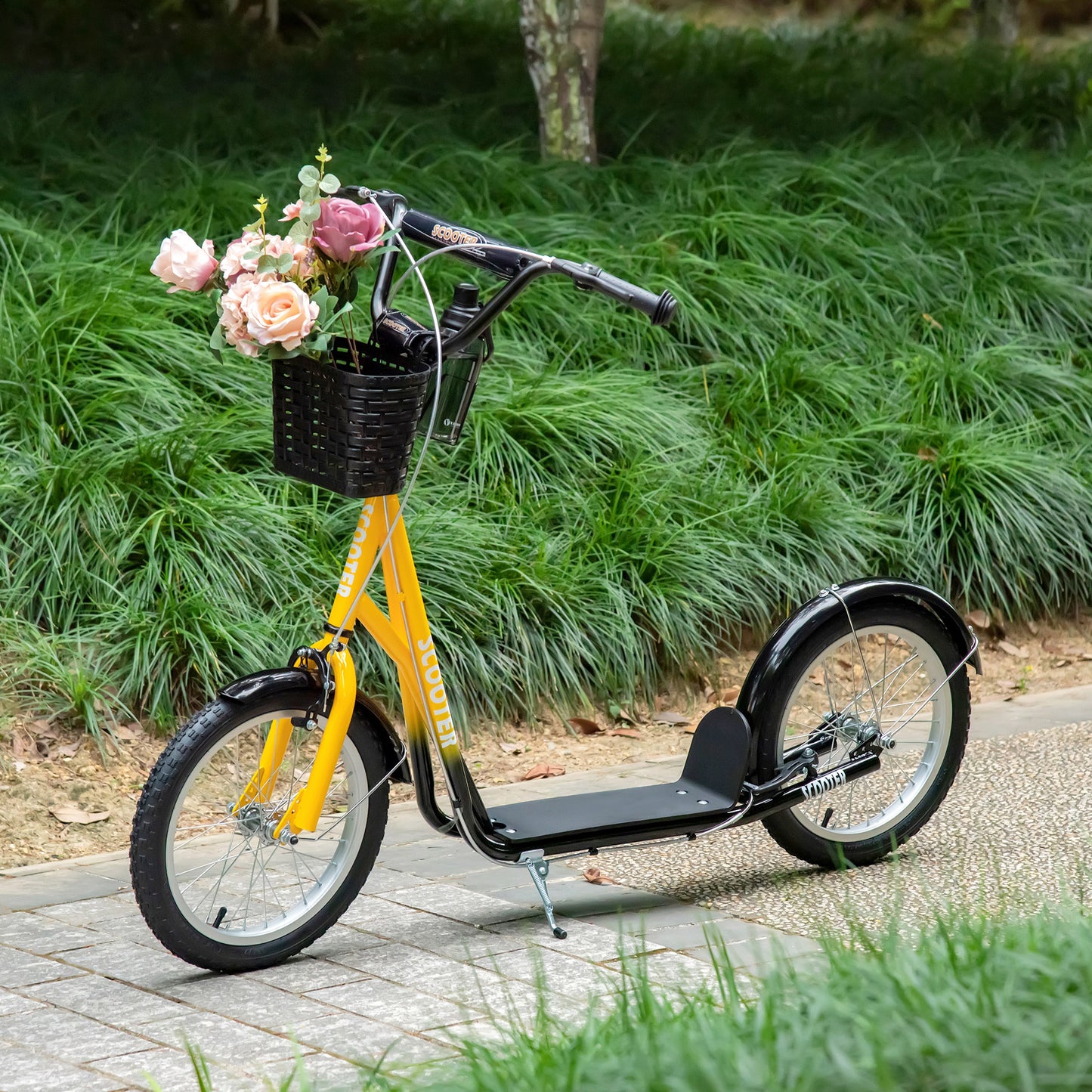 VarietyKart Kick Scooter with Adjustable Handlebar, Kids Scooter with 2 Brakes Basket Cupholder 16" Inflatable Rubber Ty