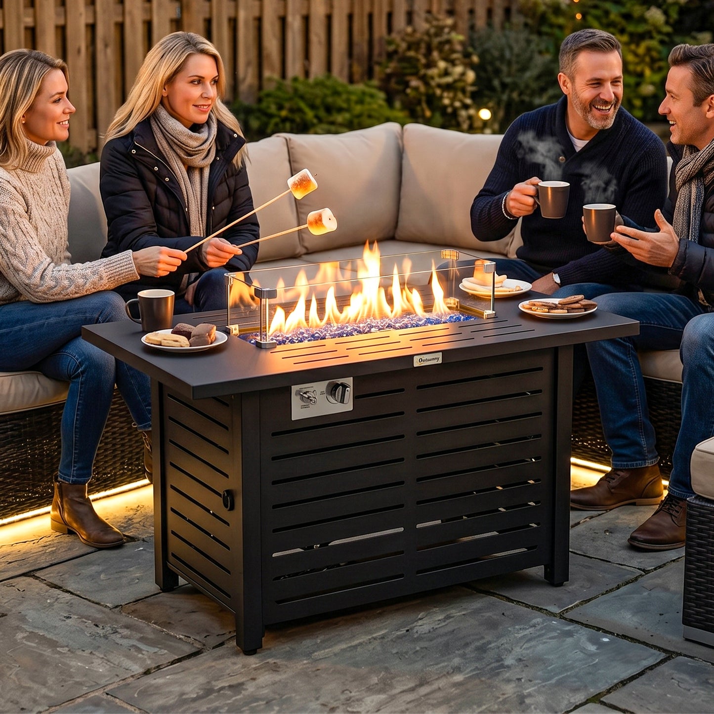 Propane Gas Fire Pit Table, Outdoor Firepit with 43" Steel Tabletop and Lid, 50,000 BTU Pulse Ignition Fire Table w/ Sta