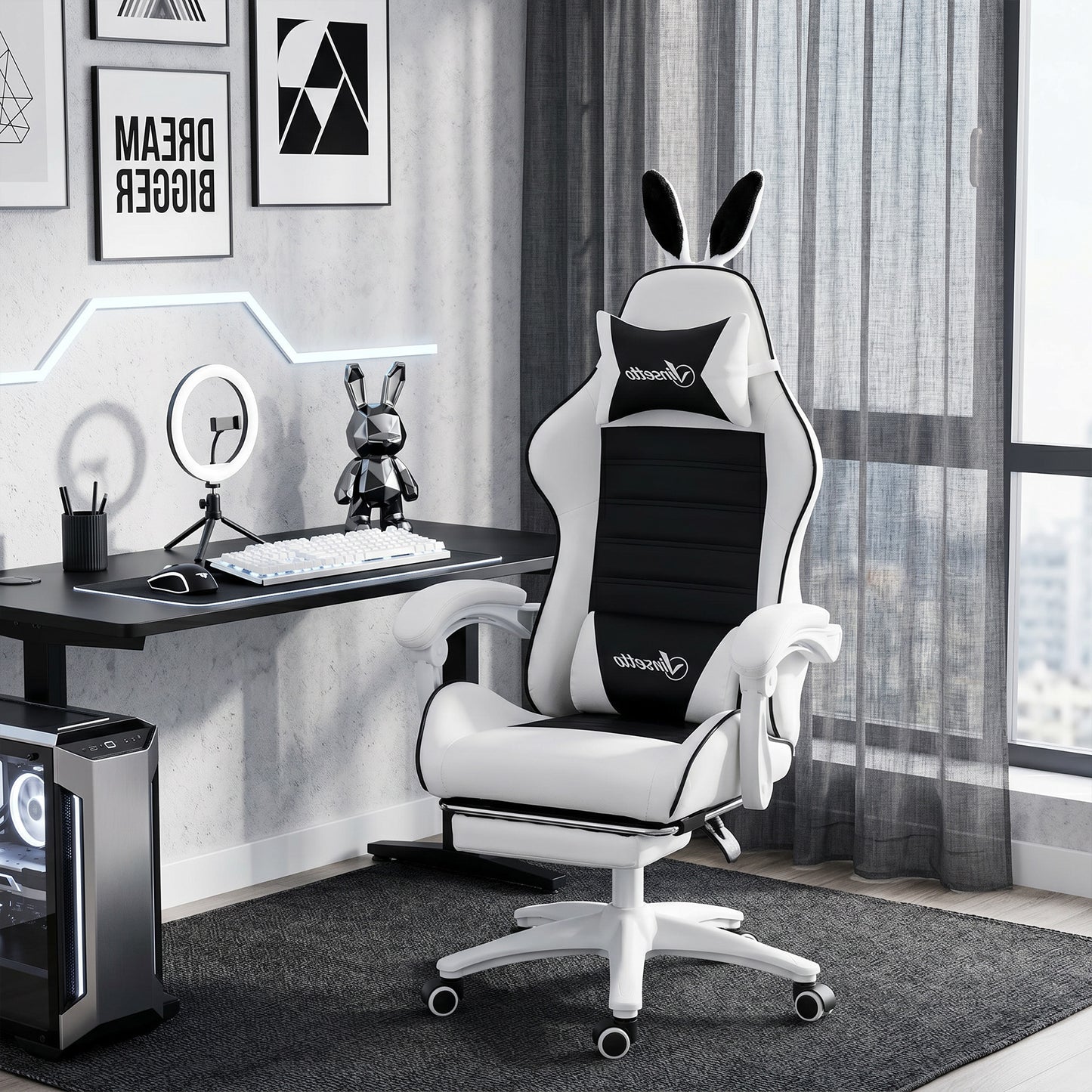 Cute Racing Gamer Chair, PU Leather Gaming Chair with Footrest, Headrest and Lumbar Support, Black