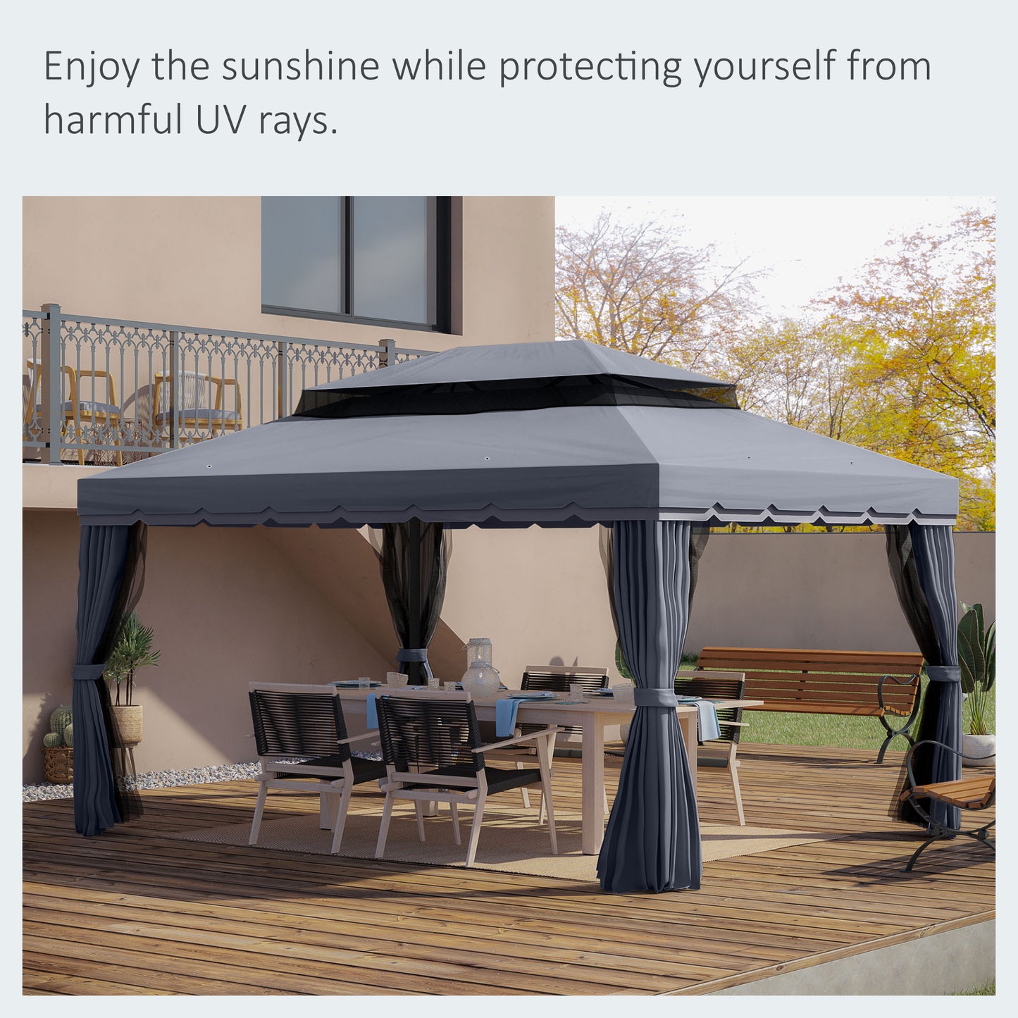 13' x 10' Patio Gazebo, Double Roof Outdoor Gazebo Canopy Shelter with Netting & Curtains, Strong Aluminum Frame, Dark G